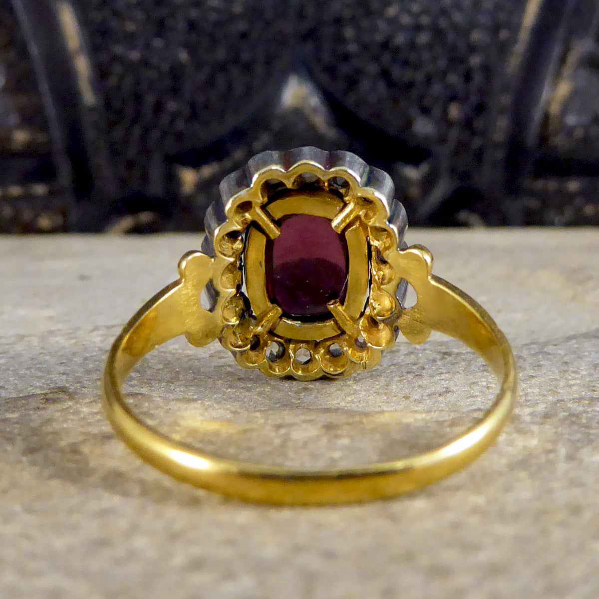 Antique Style Cabochon Garnet and Diamond Cluster Ring in 18ct Yellow Gold - Wharfedale Antiques