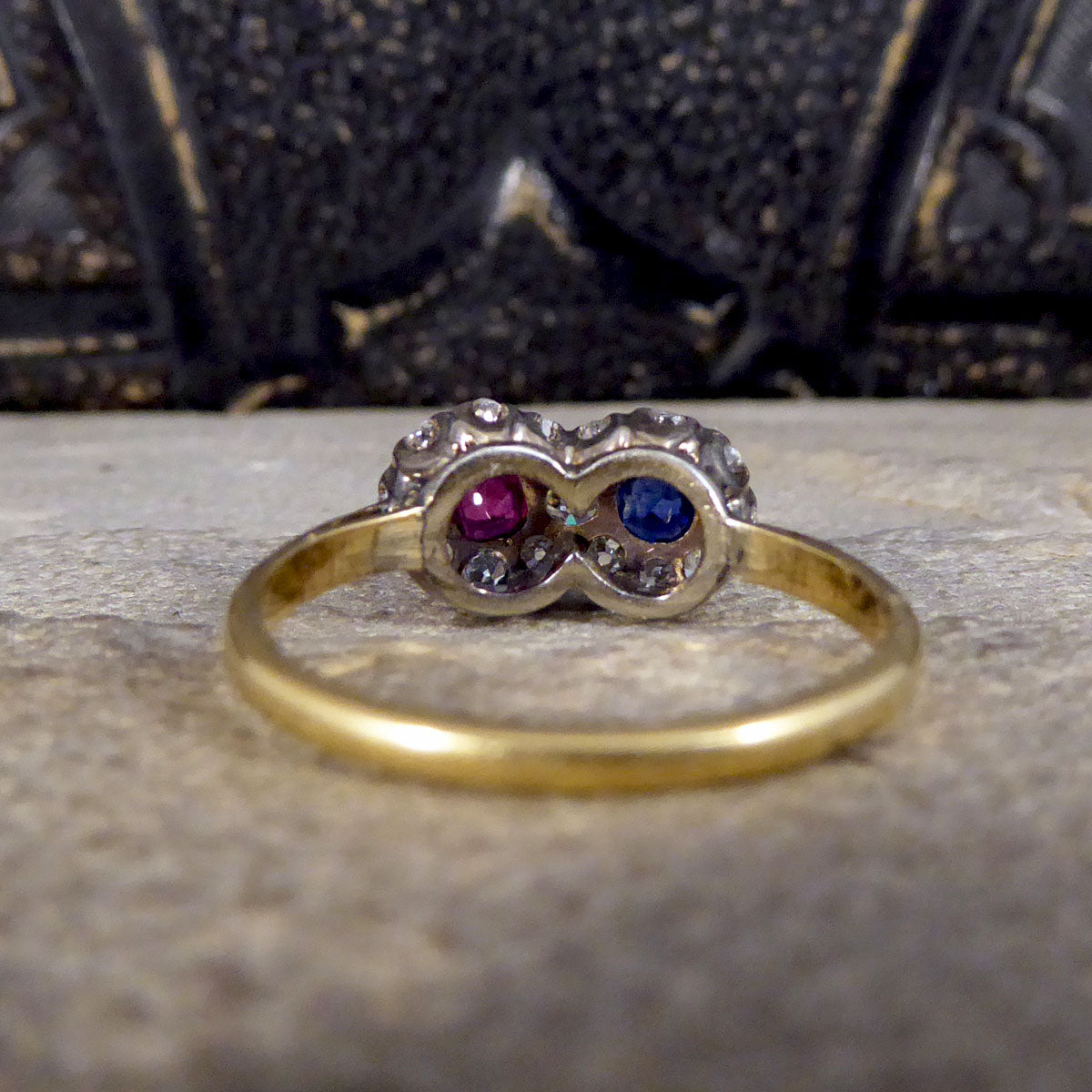 Edwardian Double Sapphire and Ruby Diamond Daisy Cluster Ring in 18ct Yellow Gold - Wharfedale Antiques