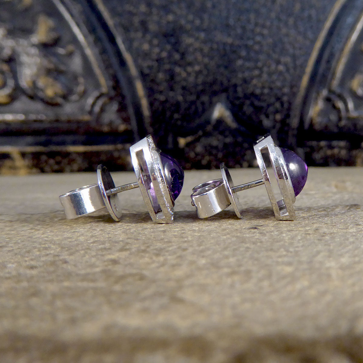 3.40ct Cabochon Cut Purple Sapphire and Diamond Halo Cluster Stud Earrings - Wharfedale Antiques