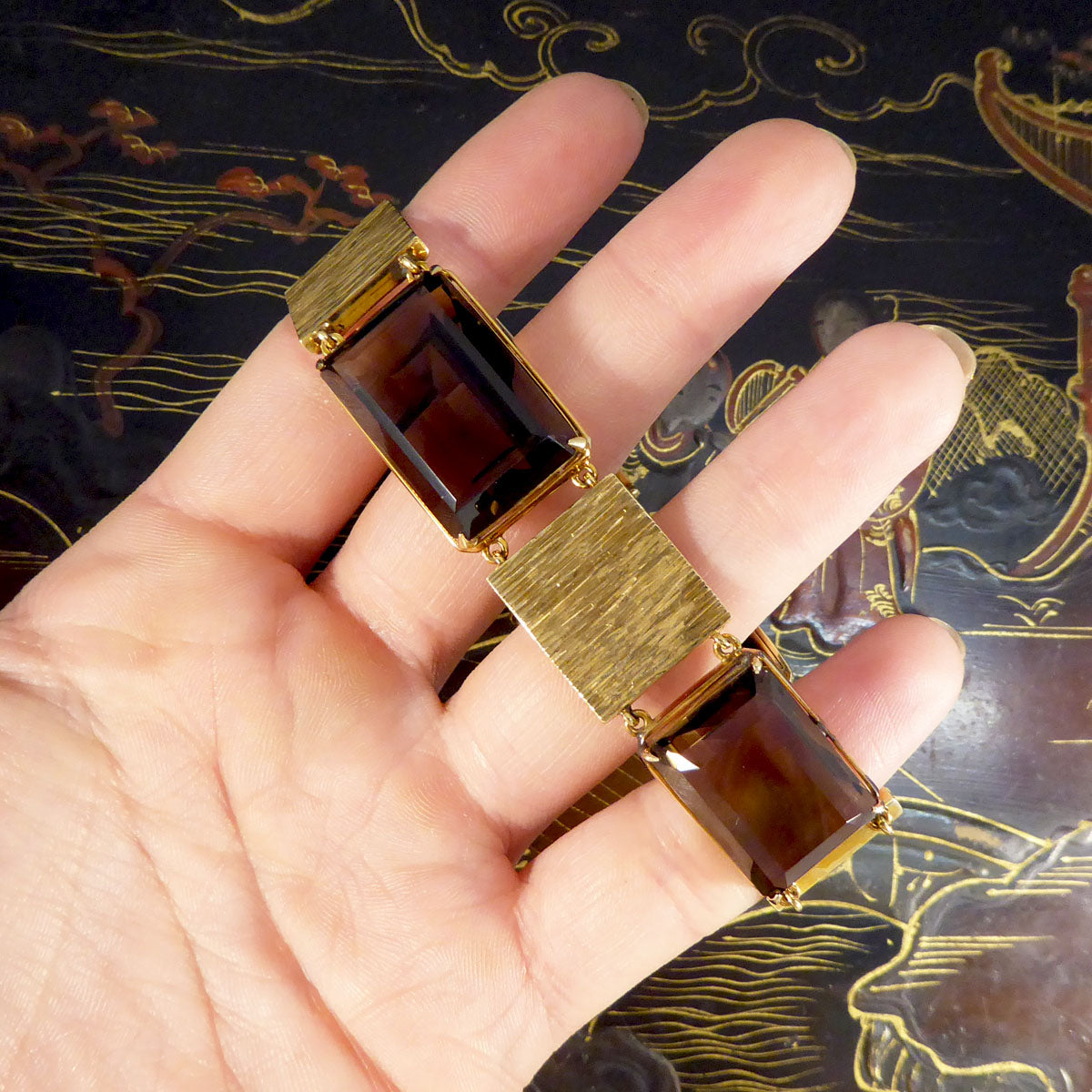 1970's Smokey Quartz Panel Bracelet in 9ct Yellow Gold with Bark Detail - Wharfedale Antiques