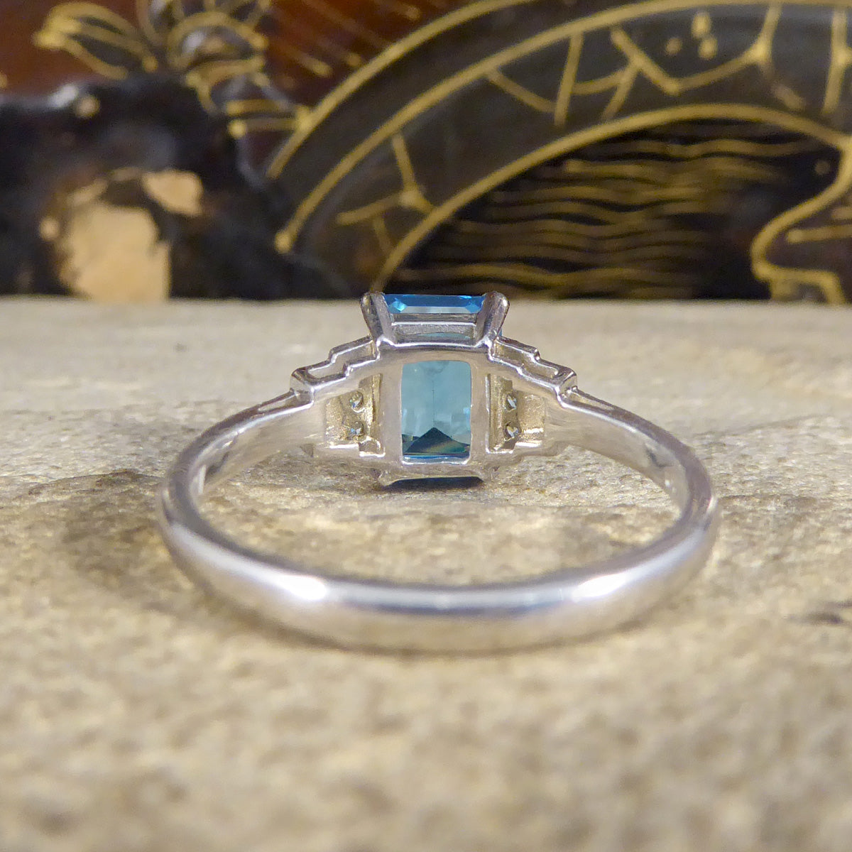 Art Deco Replica Blue Topaz and Diamond Ring in 9ct White Gold - Wharfedale Antiques
