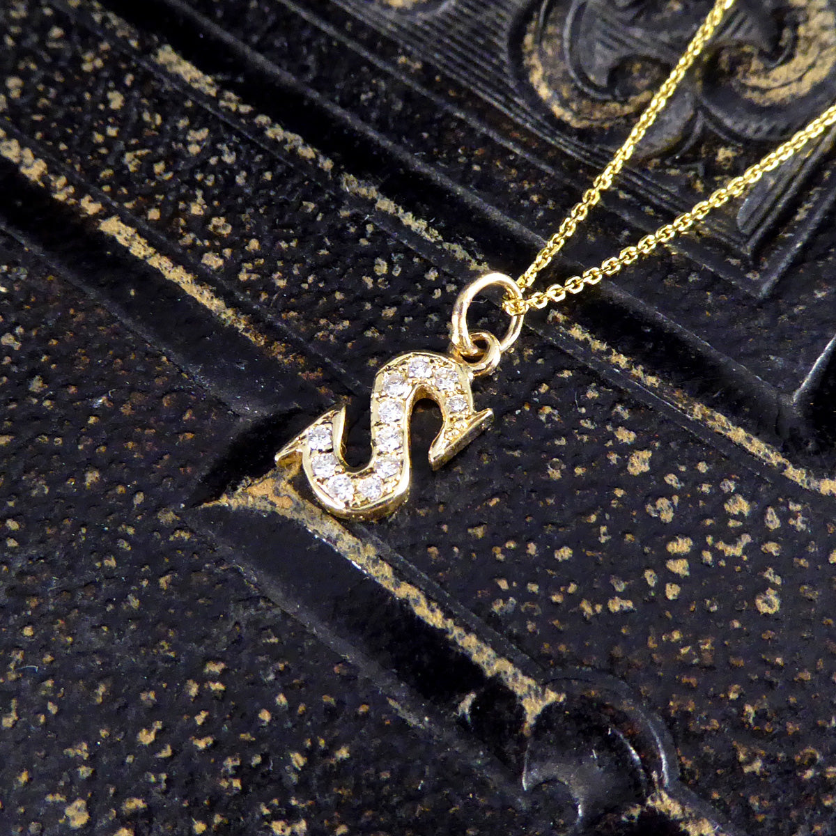 Diamond Set S Initial Pendant in 18ct Yellow Gold on a Yellow Gold Necklace Chain - Wharfedale Antiques