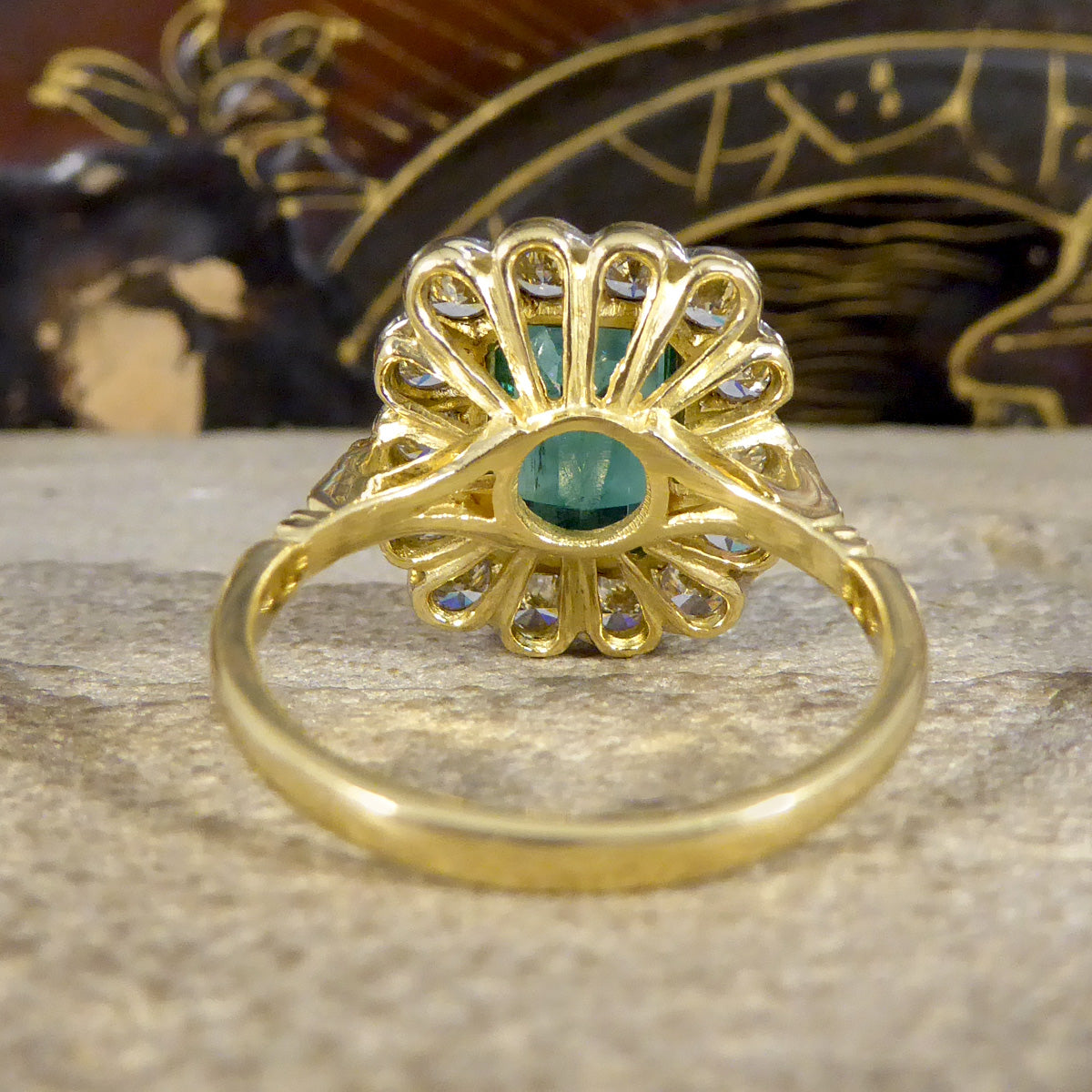 Contemporary Edwardian Style 2.50ct Emerald and 1.20ct Diamond Cluster Ring in 18ct Gold - Wharfedale Antiques