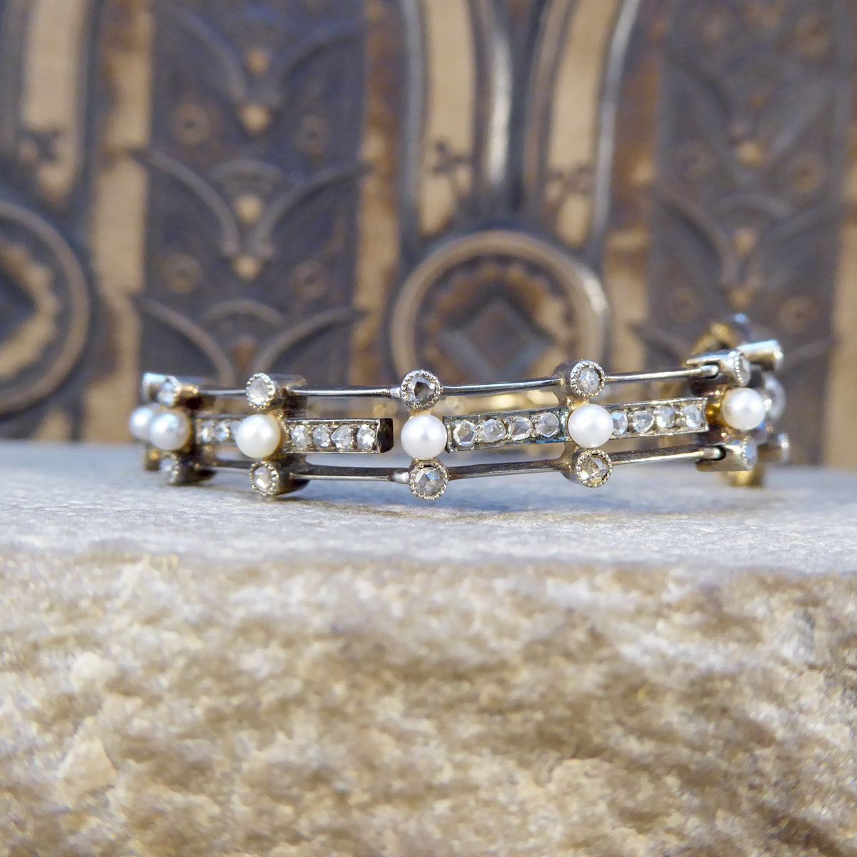Late Victorian Diamond and Pearl Panel Bracelet in 15ct Yellow Gold and Silver - Wharfedale Antiques