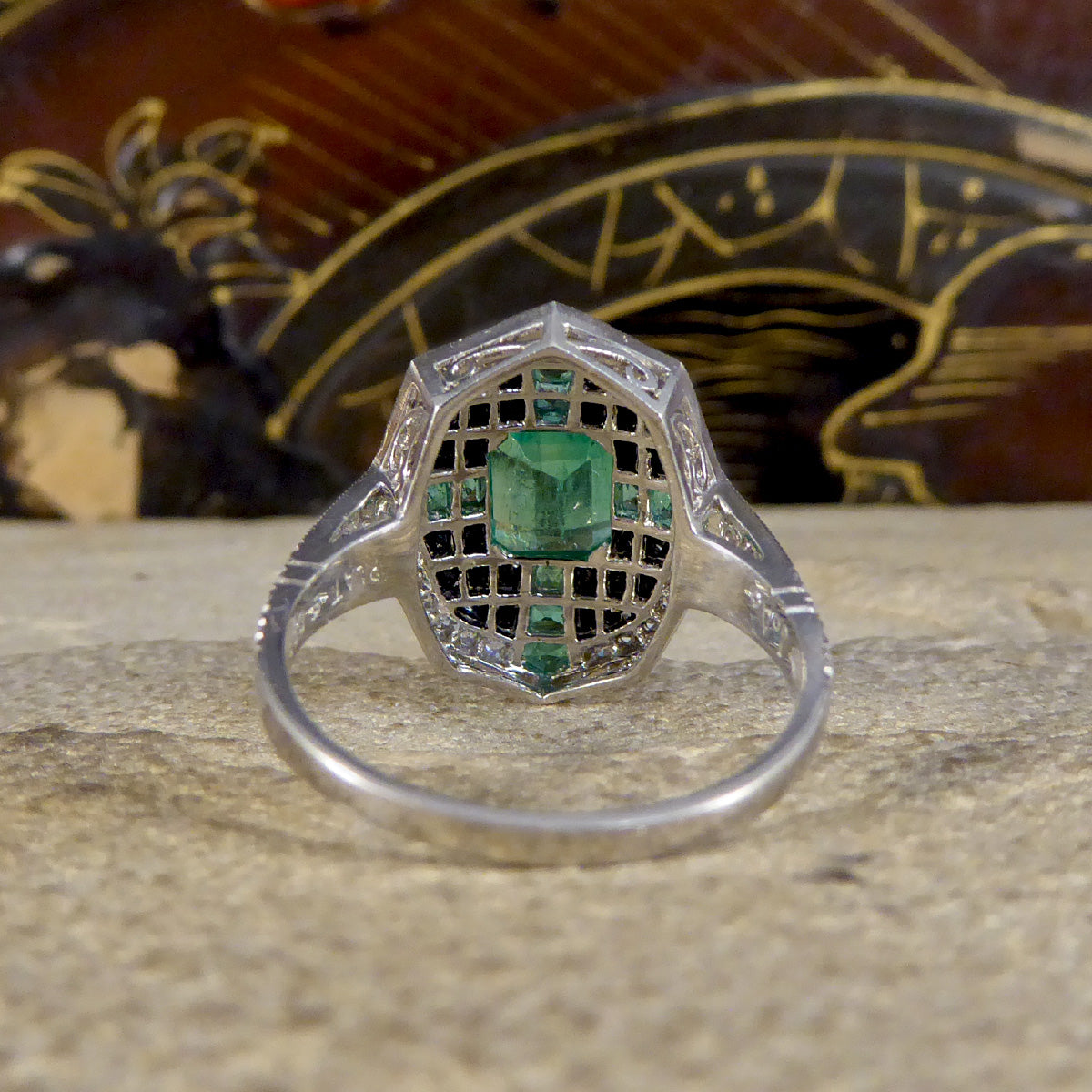 Art Deco Style Vintage Emerald Onyx and Diamond Geometric Cluster Ring in Platinum - Wharfedale Antiques