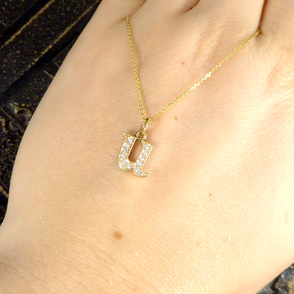 Diamond Set U Initial Pendant in 18ct Yellow Gold on a Yellow Gold Necklace Chain - Wharfedale Antiques