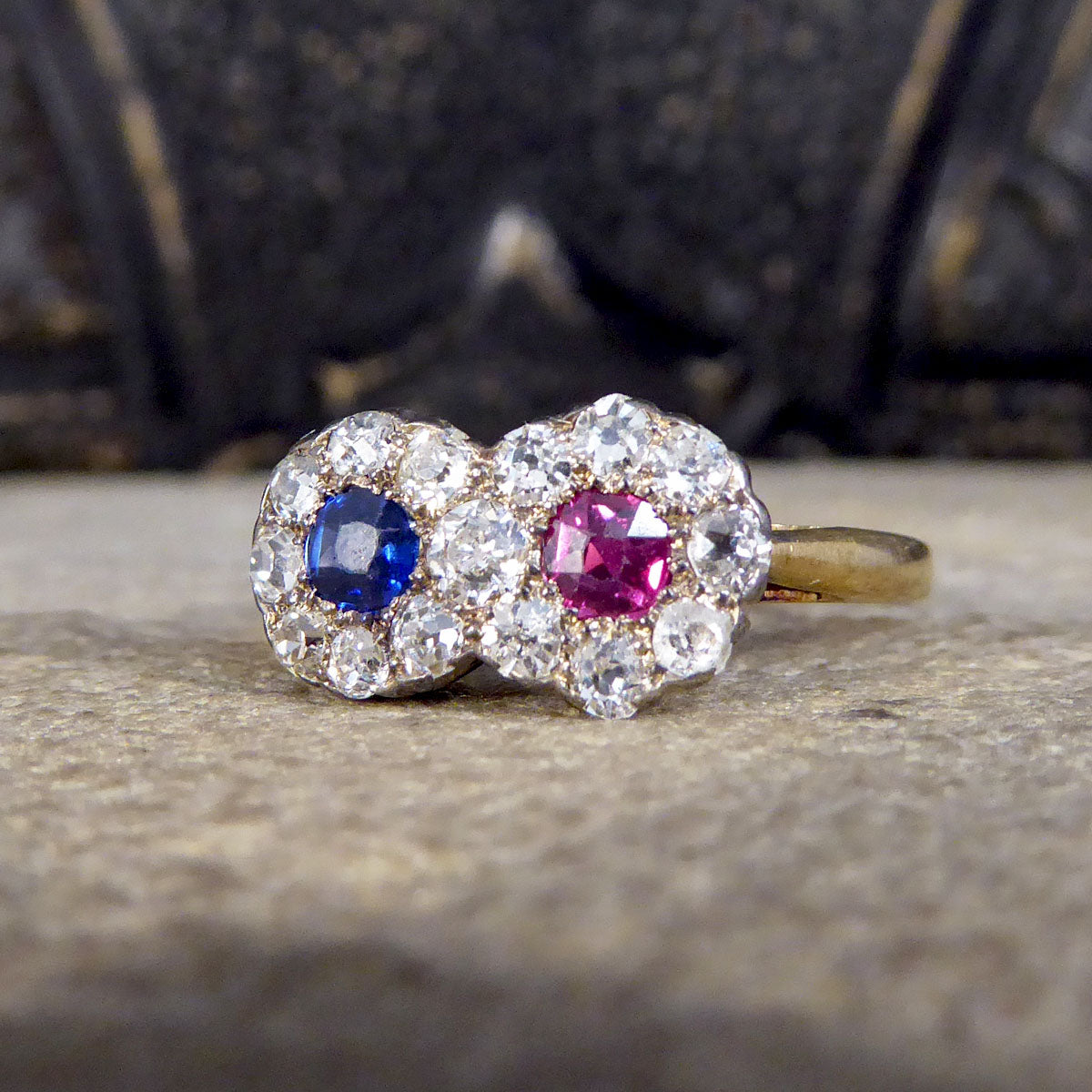 Edwardian Double Sapphire and Ruby Diamond Daisy Cluster Ring in 18ct Yellow Gold - Wharfedale Antiques
