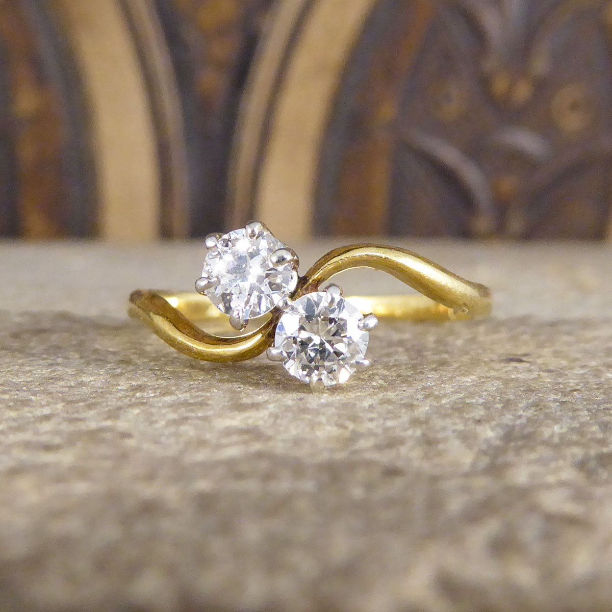Antique Edwardian Two Stone 0.40ct Diamond Twist Ring in 18ct Yellow Gold - Wharfedale Antiques
