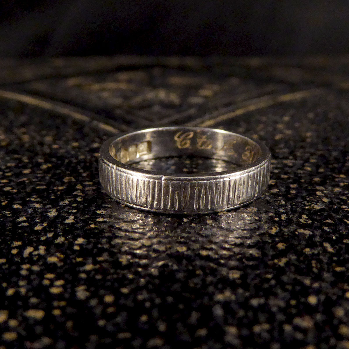 Small in Size Platinum Band Ring with Bark Effect Detailing - Wharfedale Antiques
