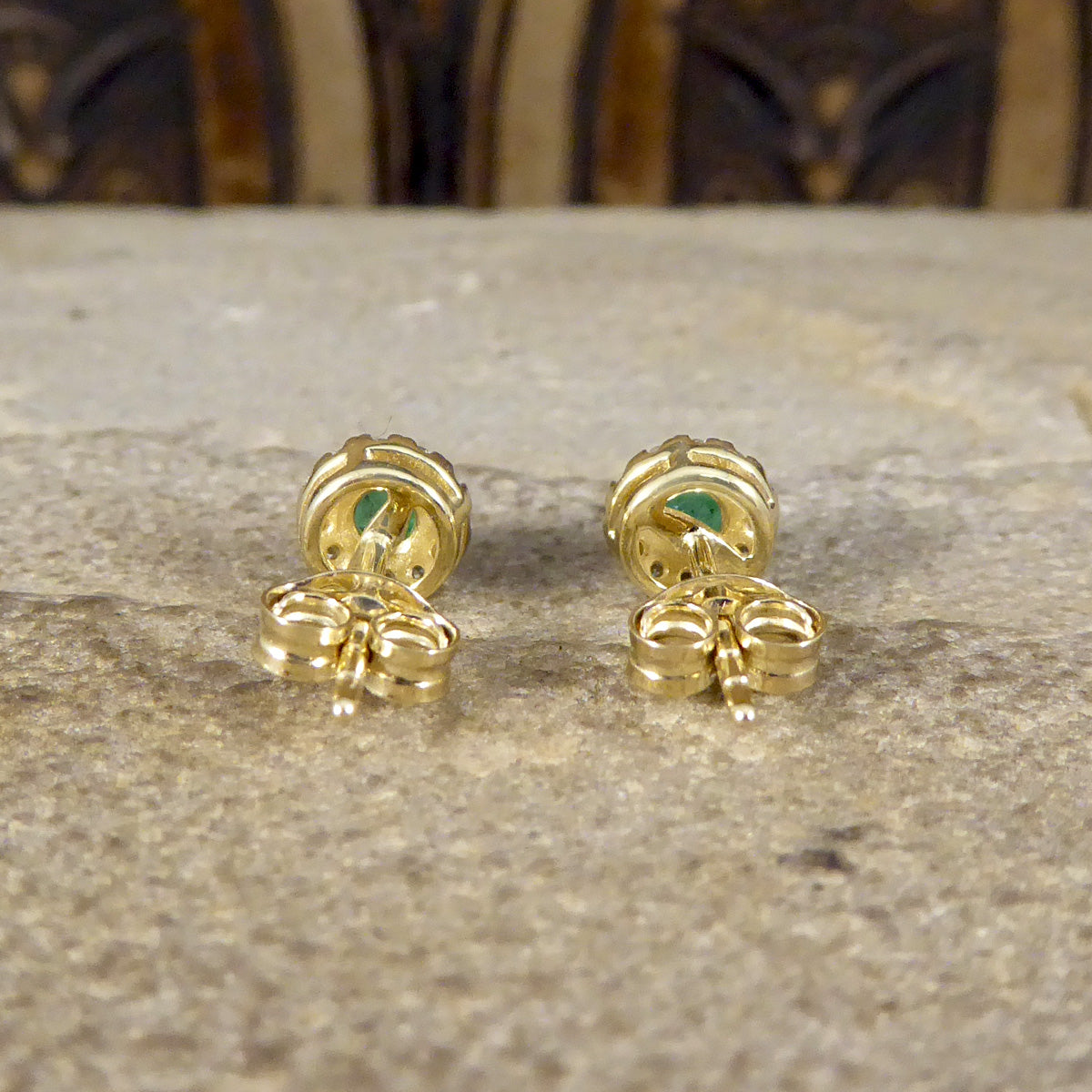 Emerald and Diamond Target Cluster Stud Earrings in 9ct White and Yellow Gold - Wharfedale Antiques