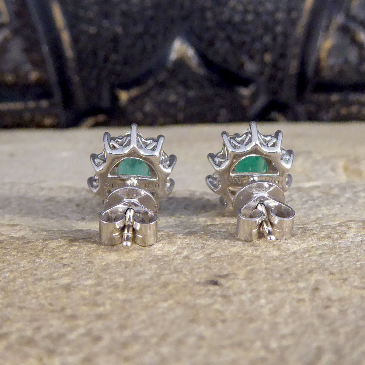 Contemporary Emerald and Diamond Cluster Earrings in 18ct White Gold