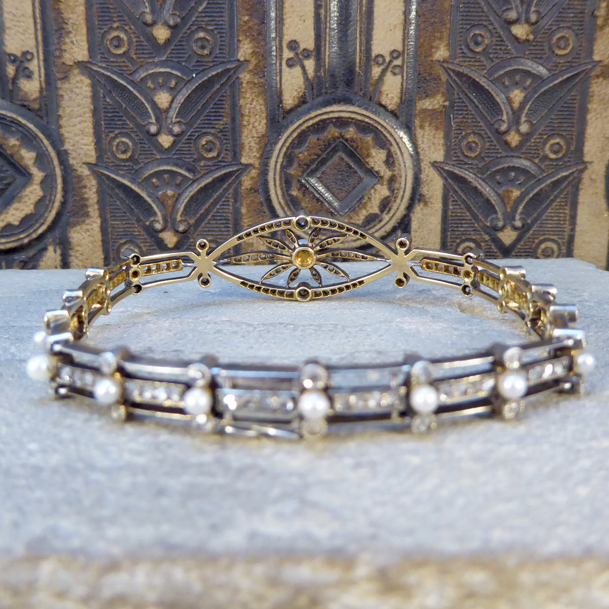 Late Victorian Diamond and Pearl Panel Bracelet in 15ct Yellow Gold and Silver - Wharfedale Antiques