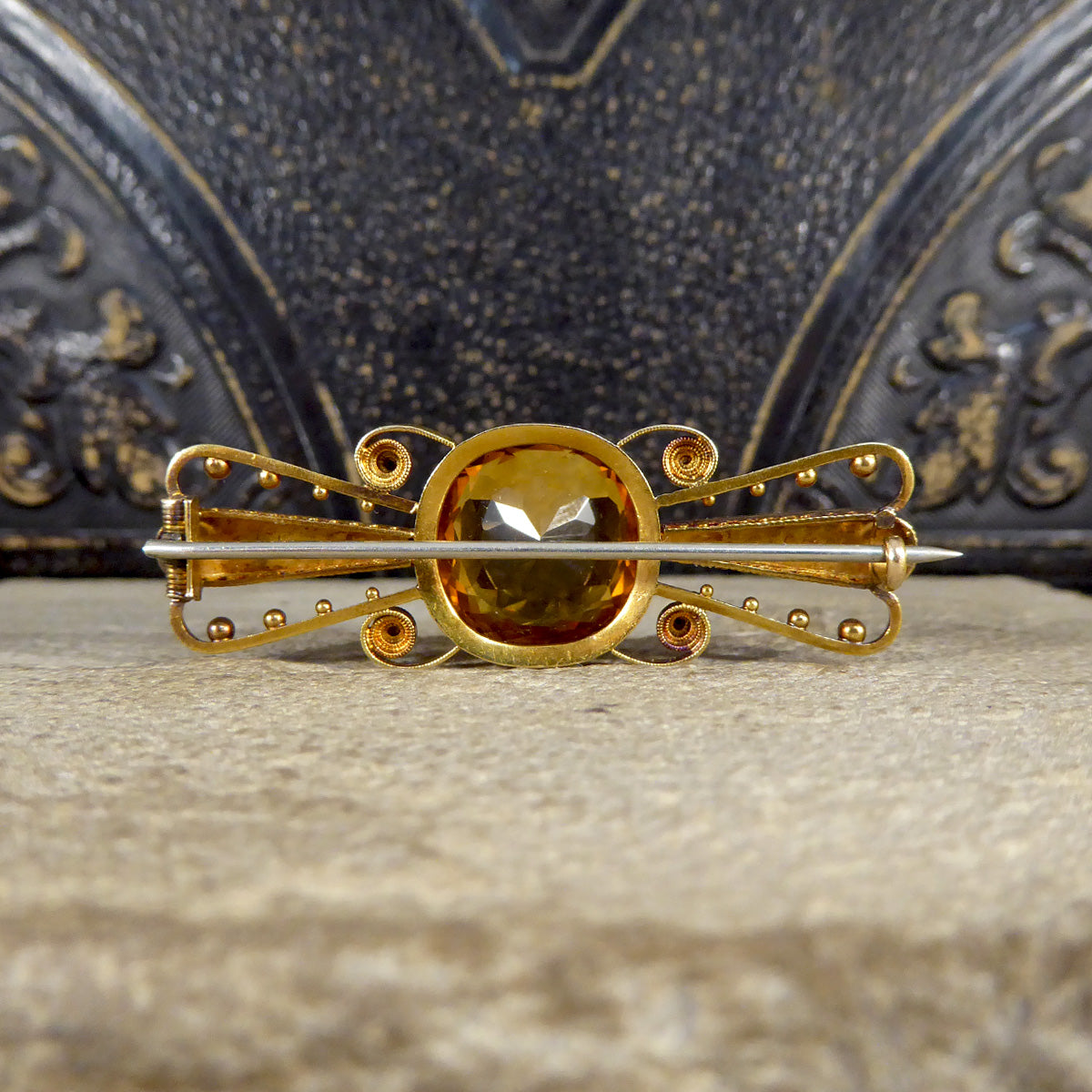 Antique C1900 Collar Set Citrene Brooch with Pearl and Dot Decorative Wings in 15ct Yellow Gold - Wharfedale Antiques