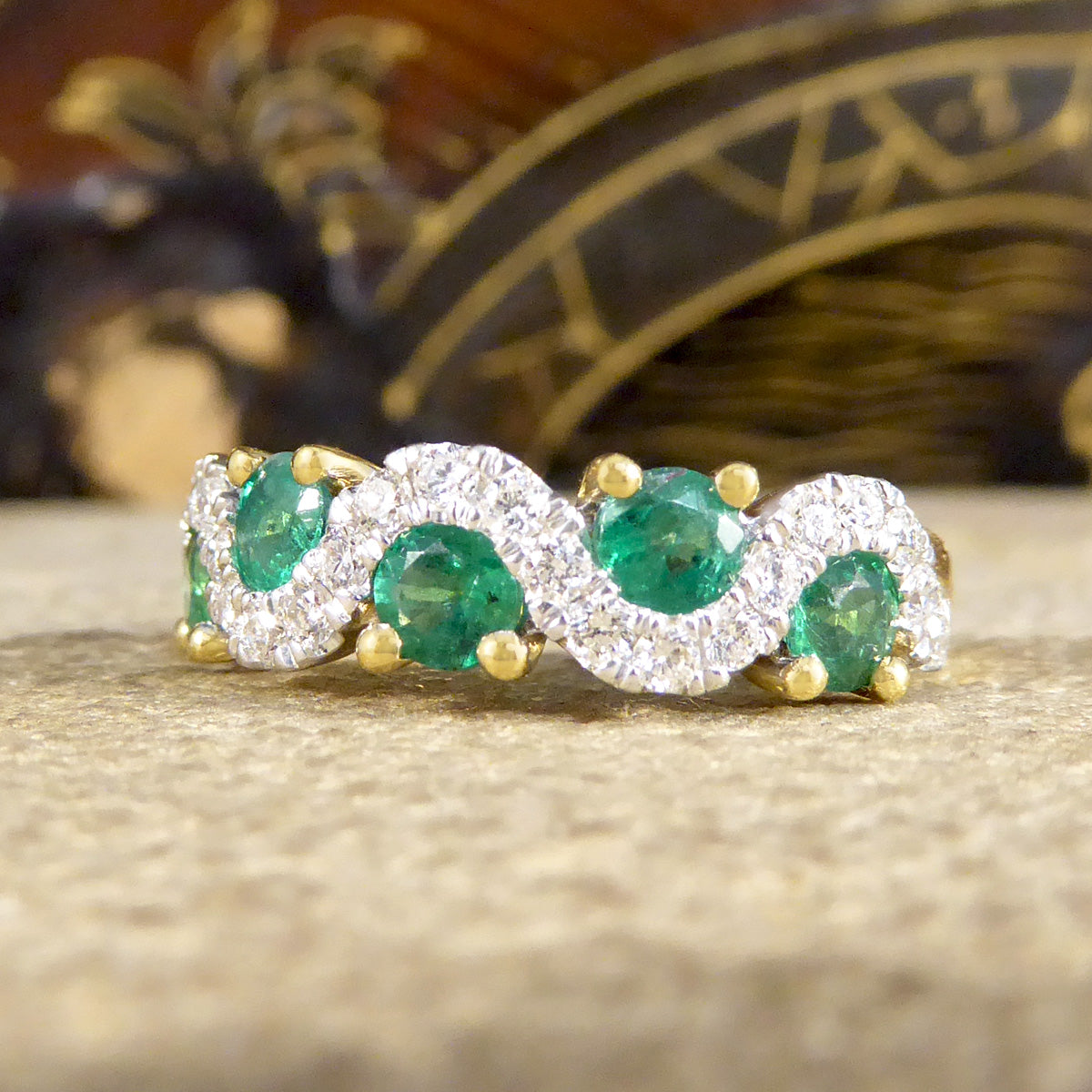 Emerald and Diamond Lazy River Band Ring in 18ct Yellow Gold - Wharfedale Antiques