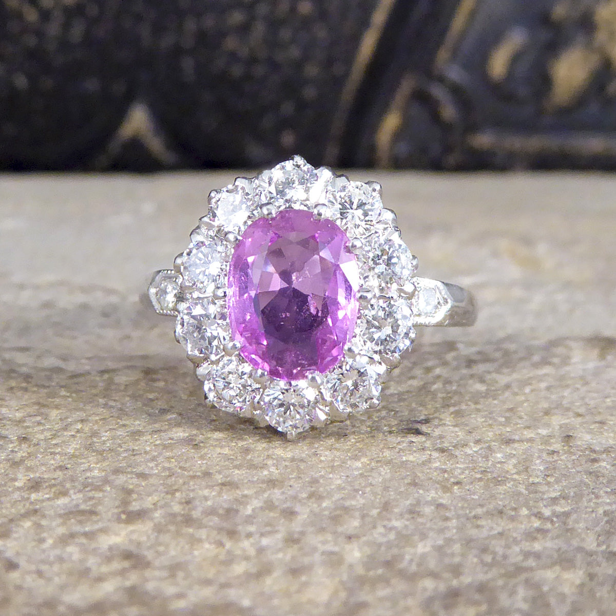 Contemporary Edwardian Style 1.15ct Pink Sapphire and Diamond Cluster Ring in Platinum