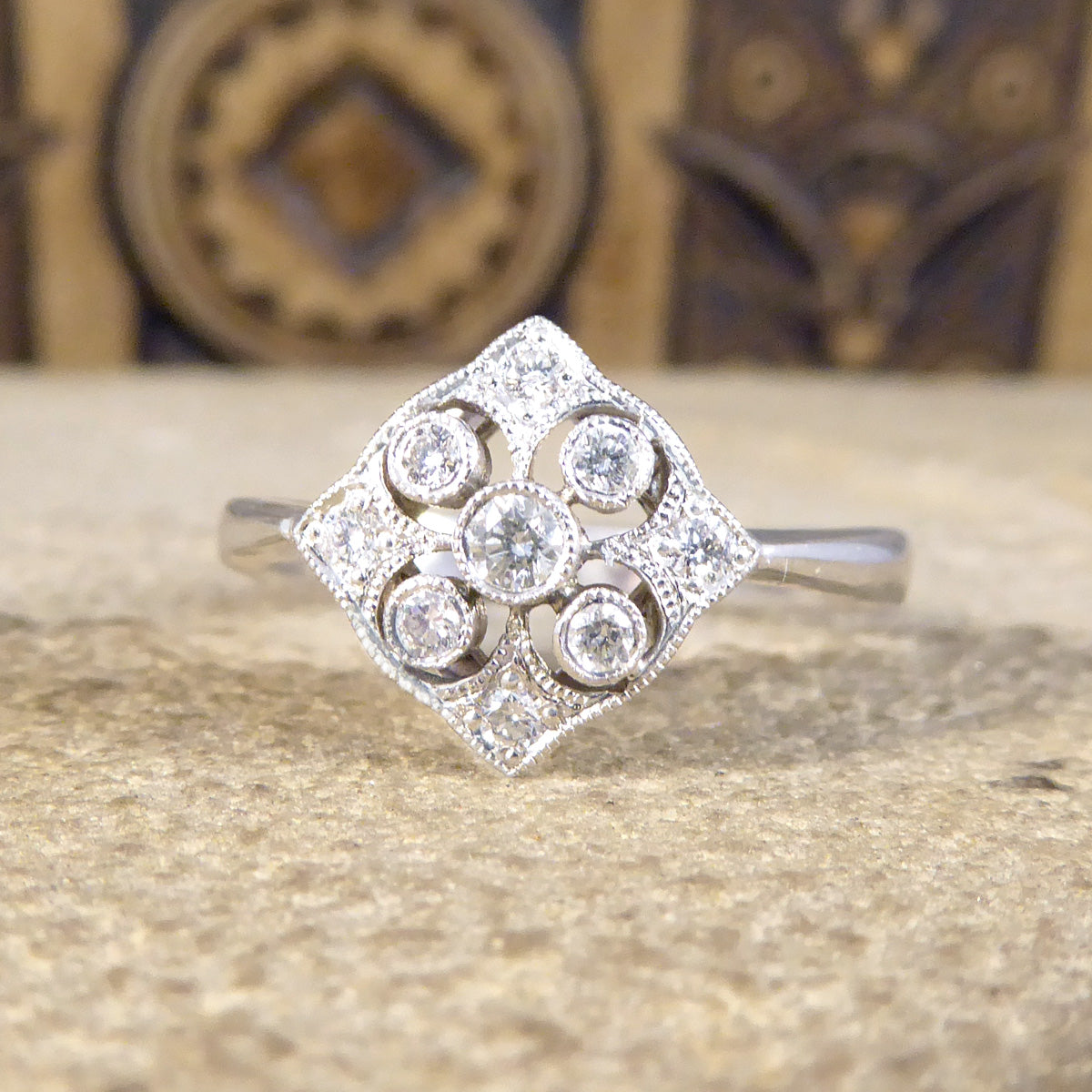 1920's Period Replica Geometric Pattern Diamond Ring in 18ct White Gold - Wharfedale Antiques