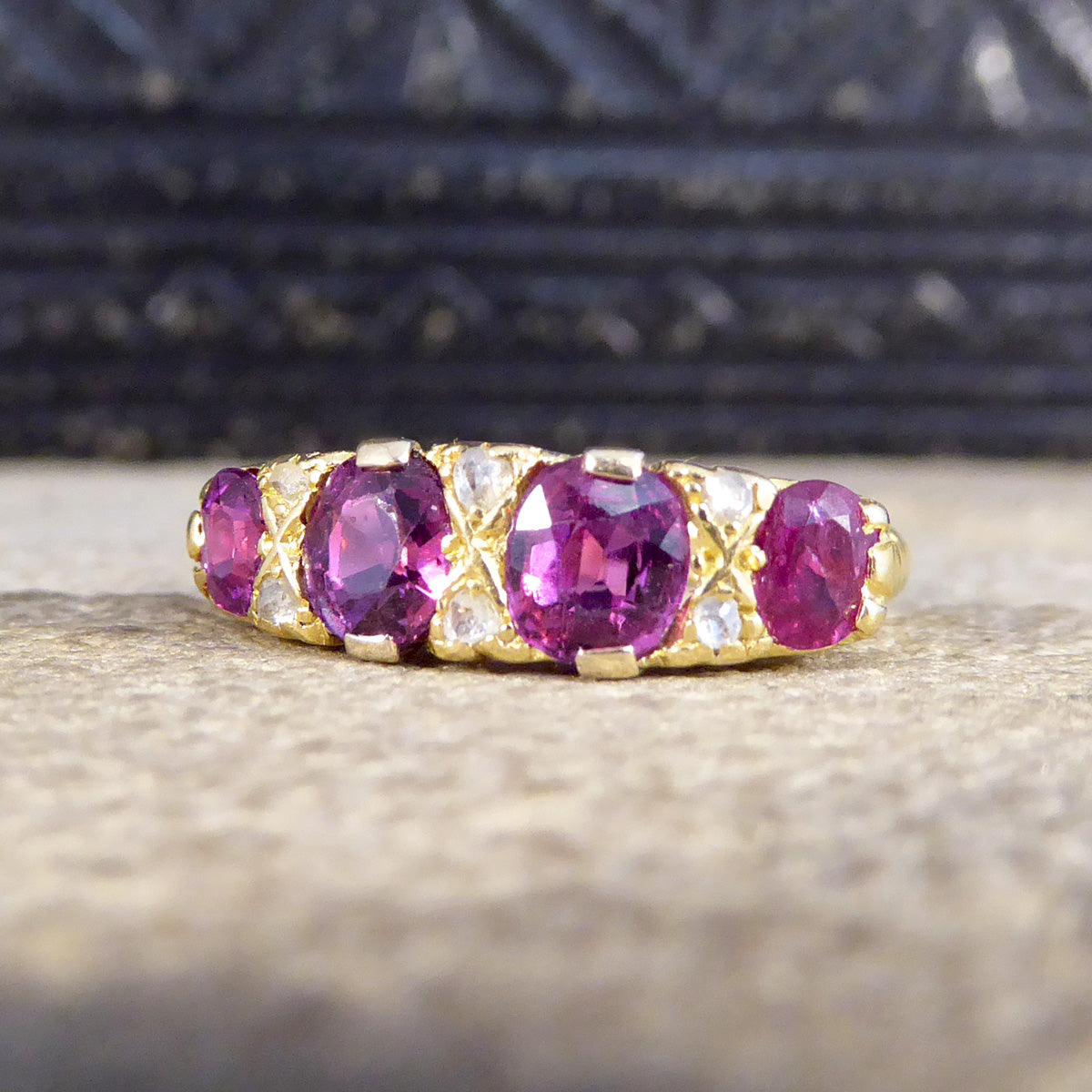 Antique Edwardian 1.18ct Ruby Four Stone Ring with Diamond Spacers Modelled in 18ct Yellow Gold - Wharfedale Antiques