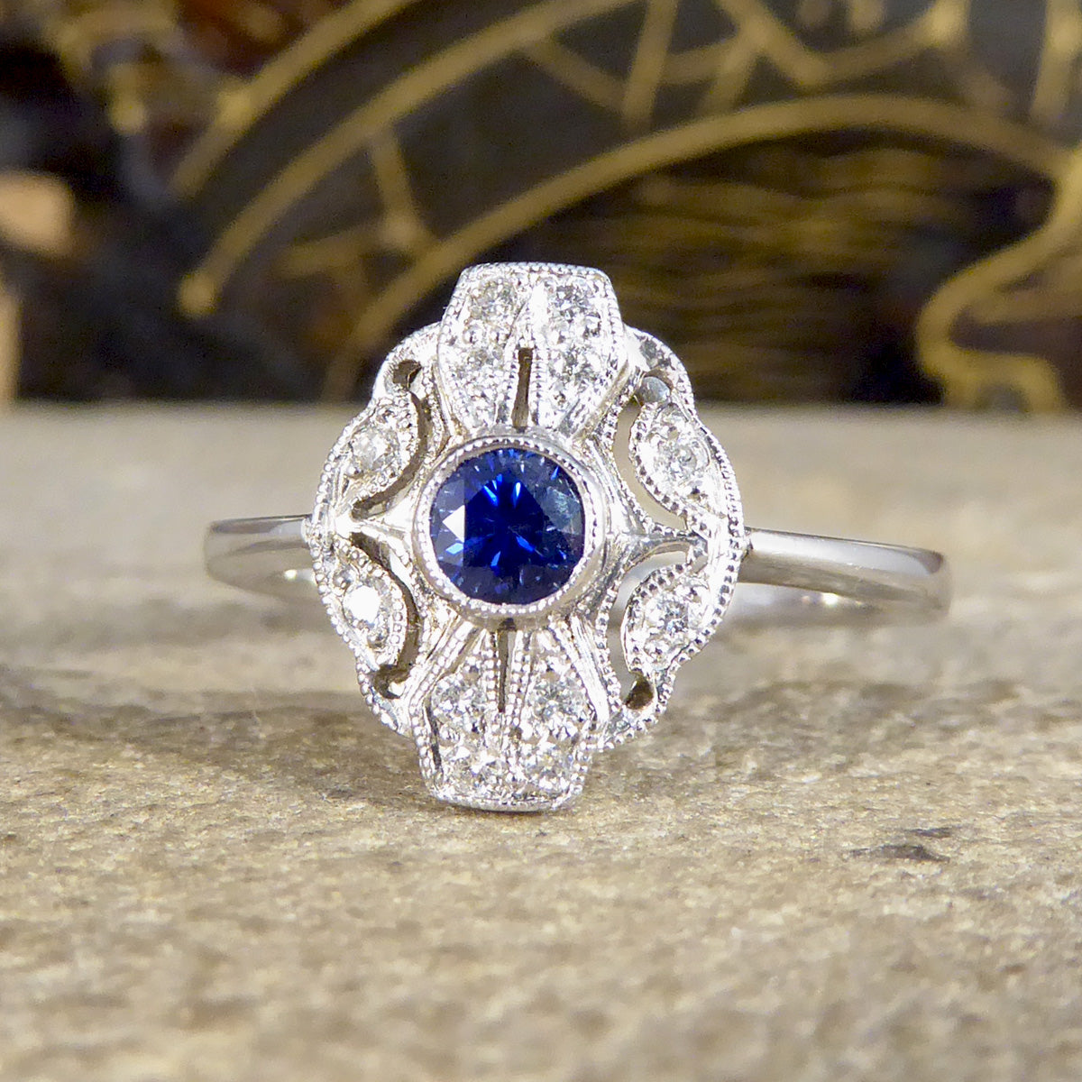 Premium Period Art Deco Replica Sapphire and Diamond Plaque Ring in 18ct White Gold - Wharfedale Antiques