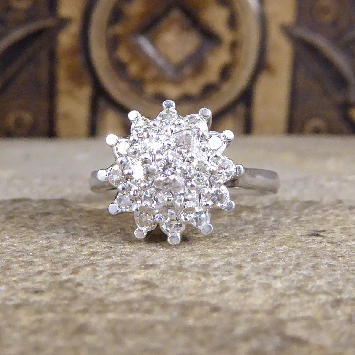 Vintage Diamond Flower Cluster Ring in 18ct White Gold - Wharfedale Antiques