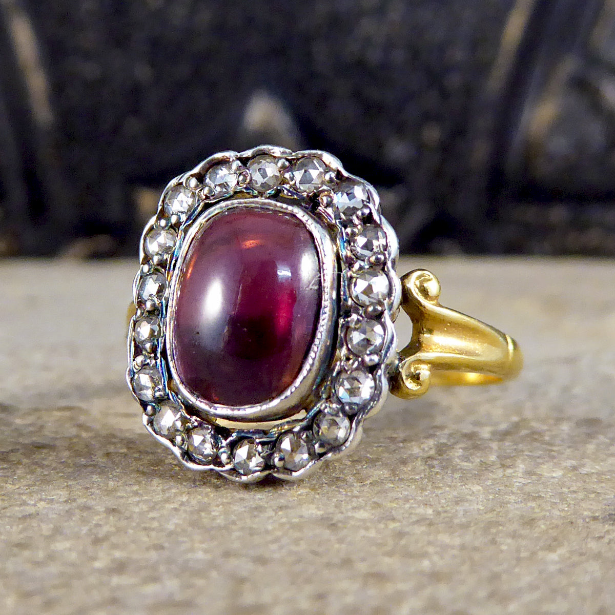 Antique Style Cabochon Garnet and Diamond Cluster Ring in 18ct Yellow Gold - Wharfedale Antiques