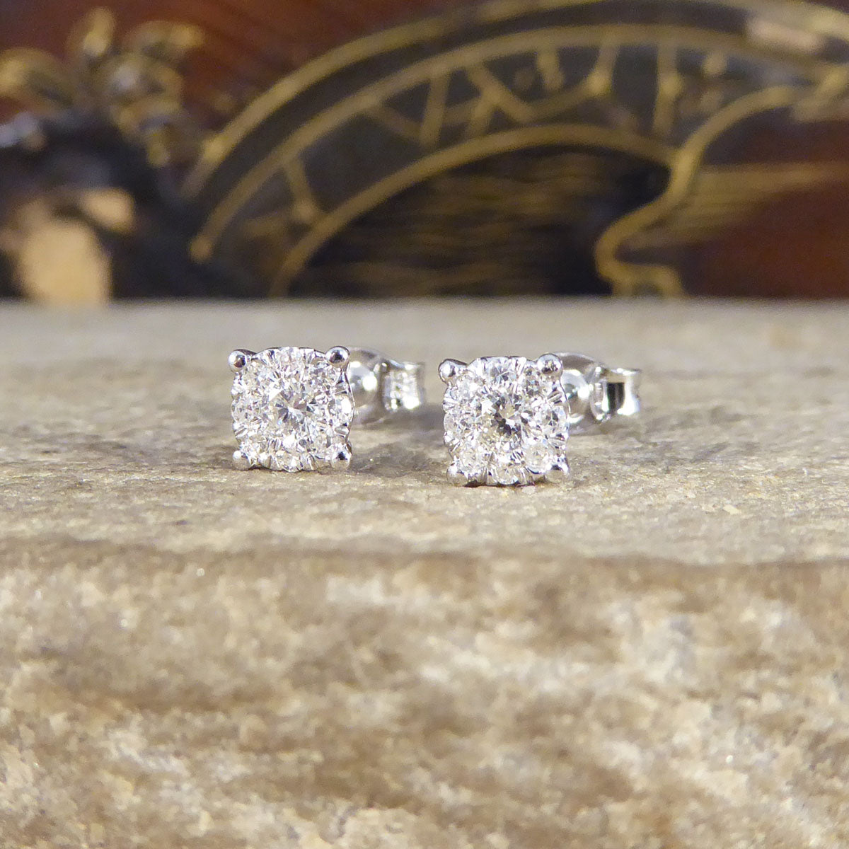 Contemporary 0.20ct Diamond Cluster and 1.00ct Look Earrings in White Gold - Wharfedale Antiques