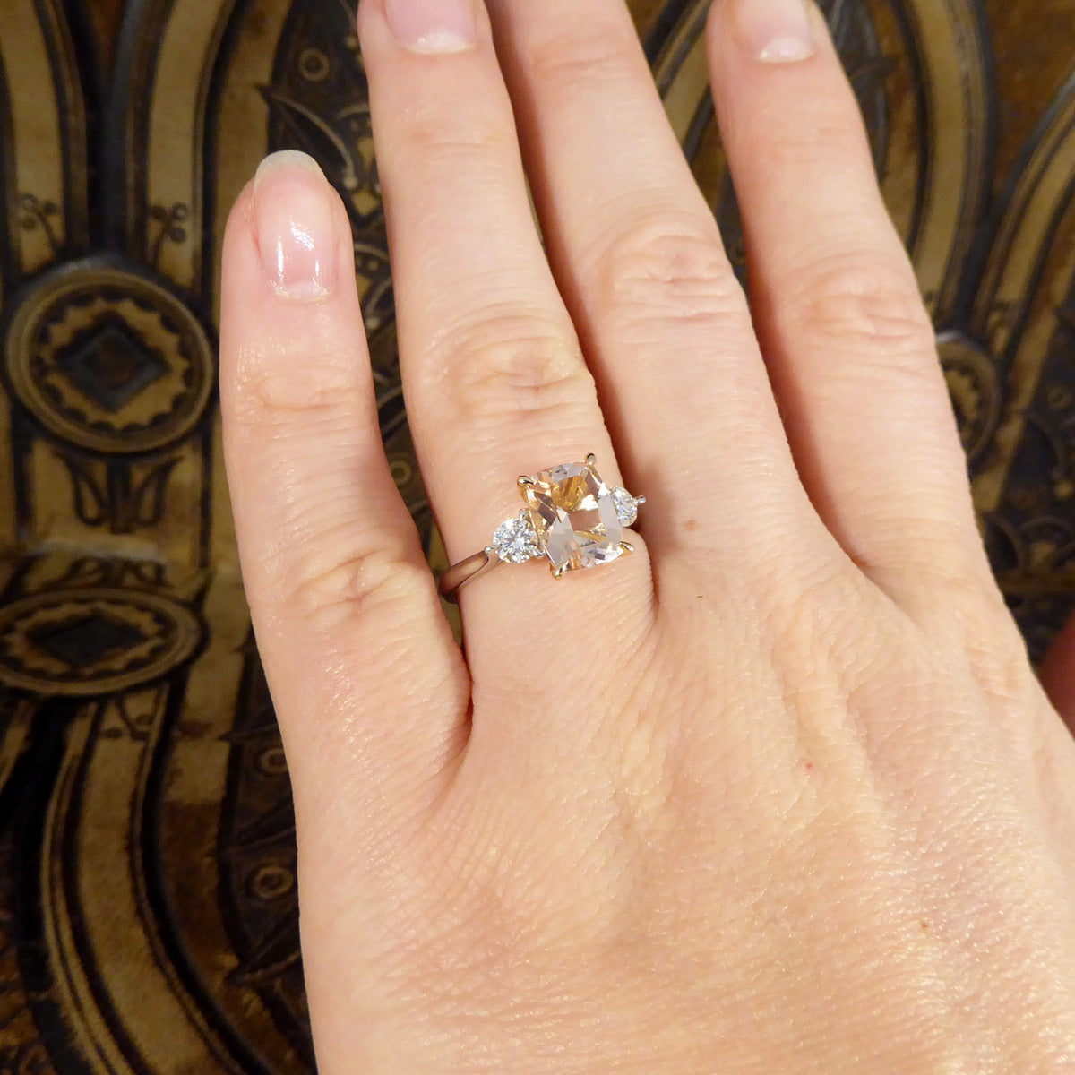 1.75ct Cushion Cut Pink Morganite and Diamond Three Stone Ring in 18ct Rose and White Gold - Wharfedale Antiques