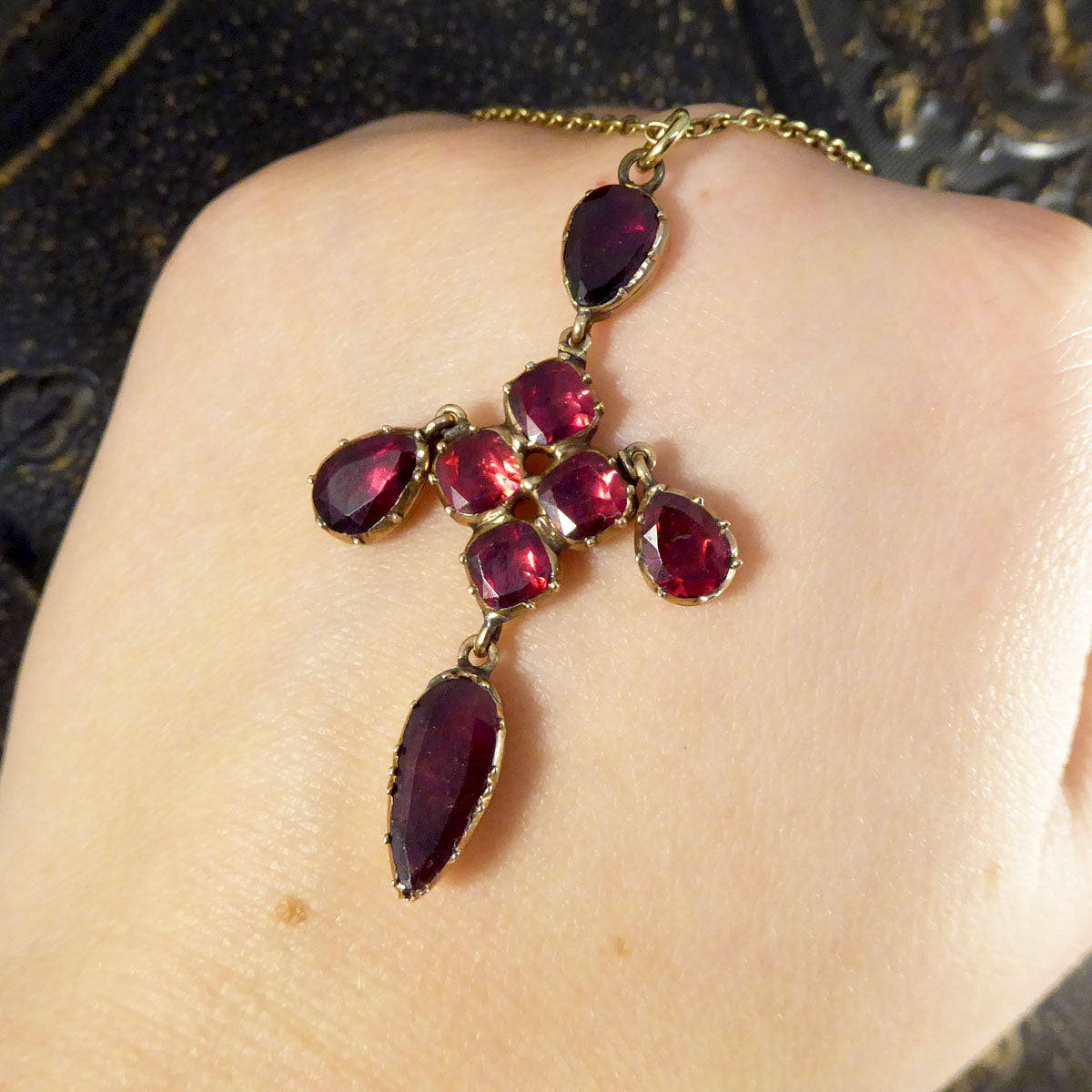 Antique Georgian Foiled Back Garnet Cross Drop Pendant Necklace in Yellow Gold
