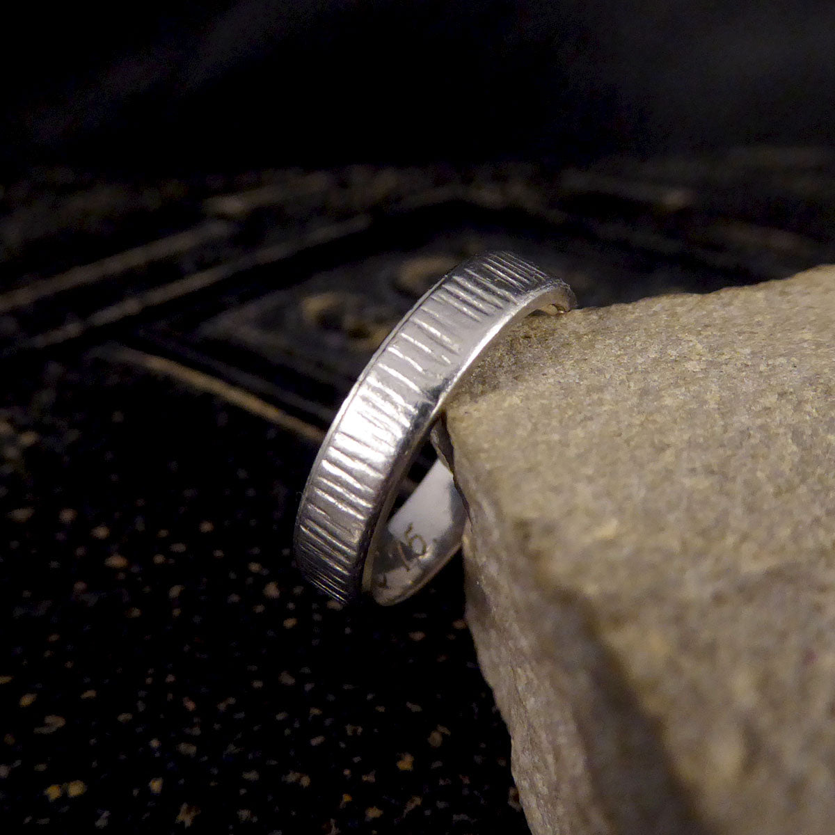 Small in Size Platinum Band Ring with Bark Effect Detailing - Wharfedale Antiques