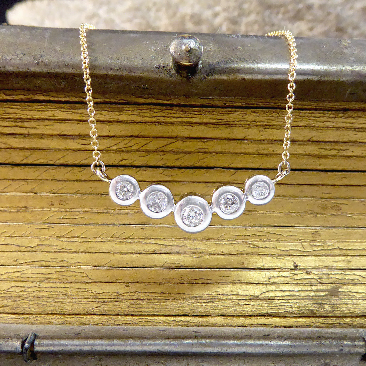 Brilliant Cut Diamond Five Stone Necklace in 18ct White and Yellow Gold - Wharfedale Antiques