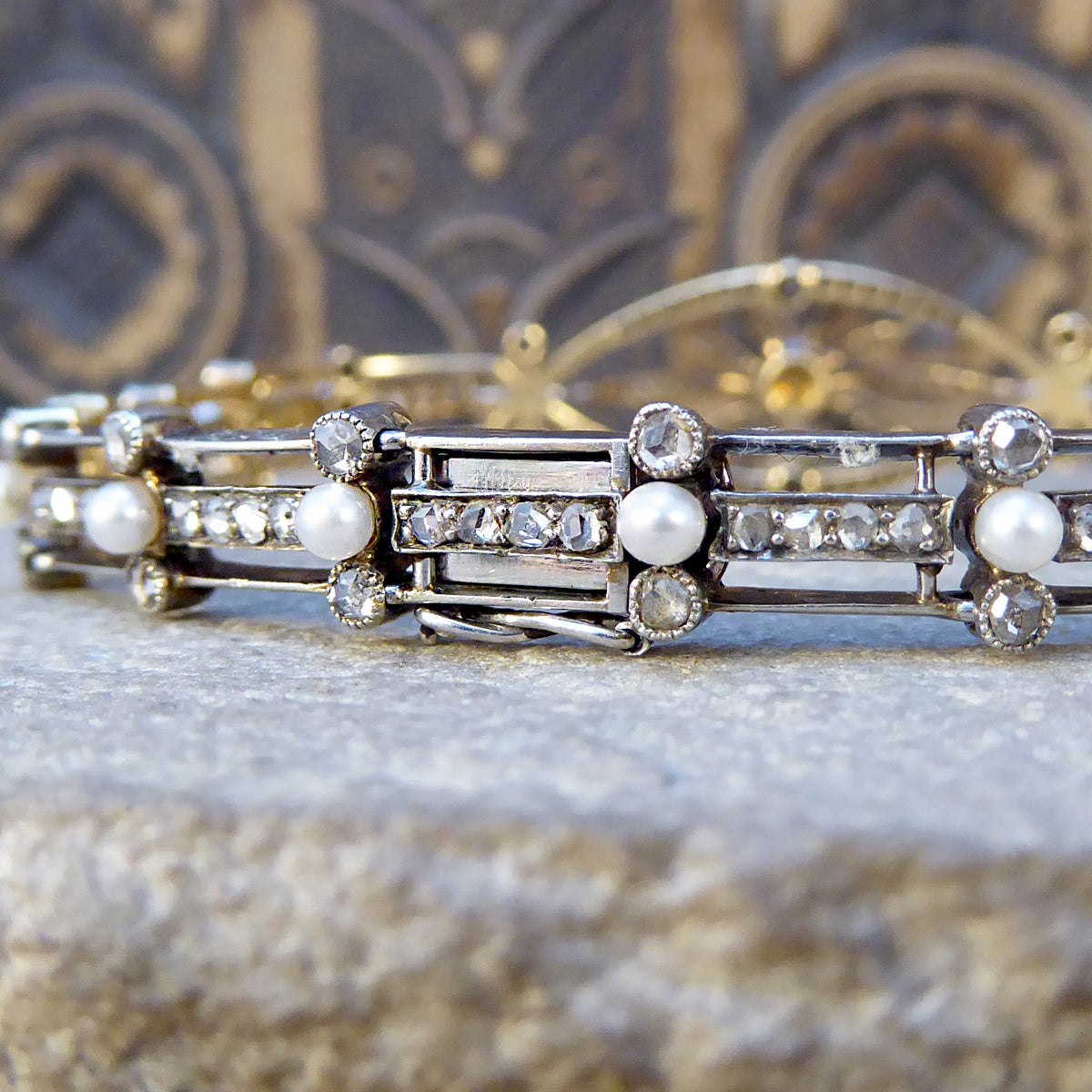 Late Victorian Diamond and Pearl Panel Bracelet in 15ct Yellow Gold and Silver - Wharfedale Antiques
