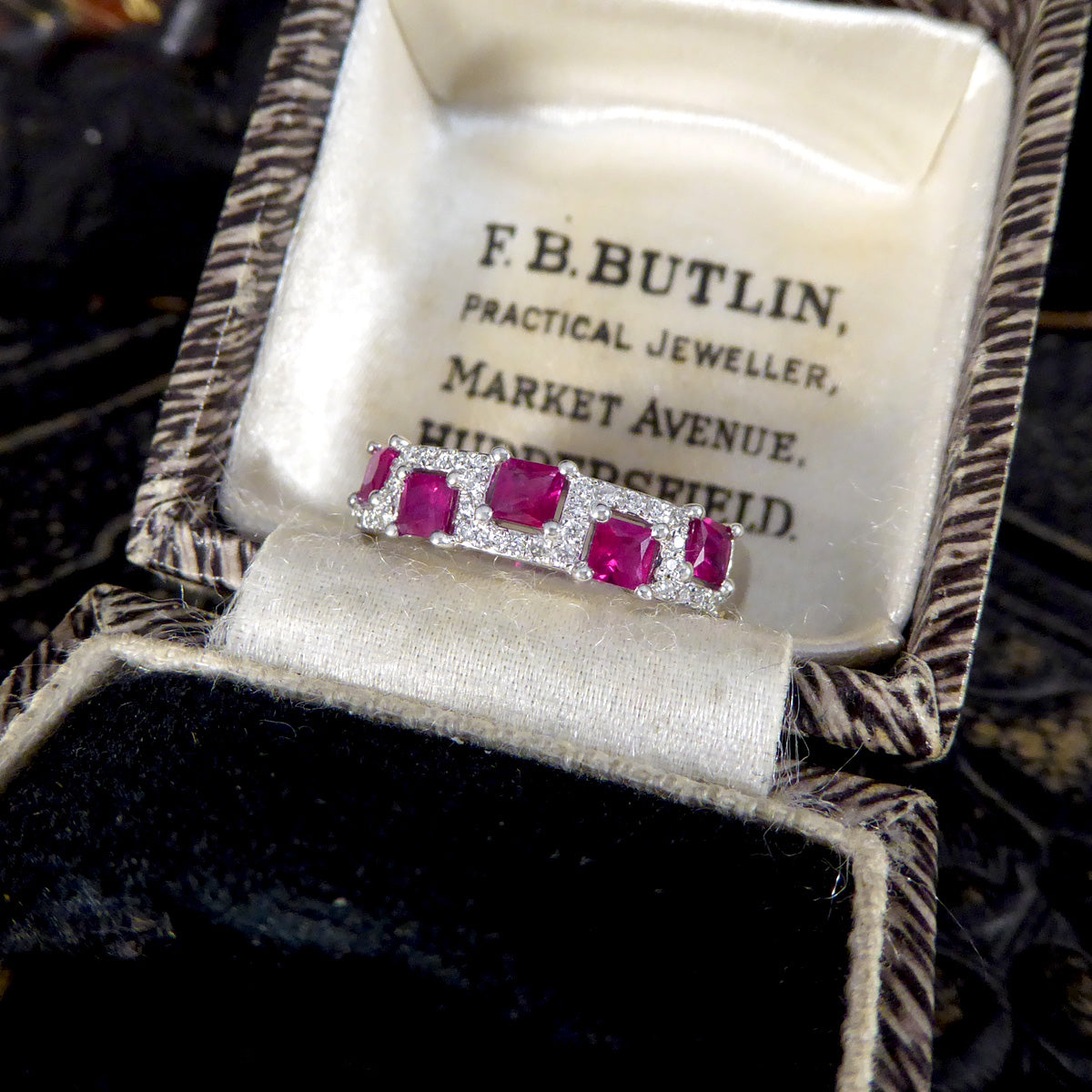 Alternate Ruby and Diamond Band Ring in 18ct White Gold - Wharfedale Antiques