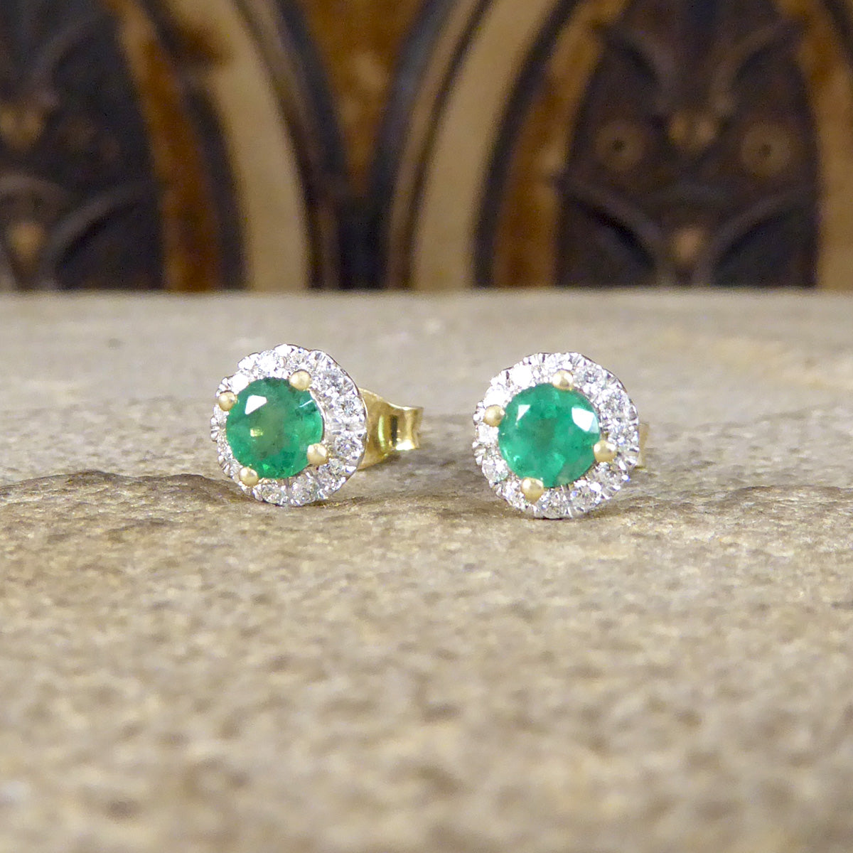 Emerald and Diamond Target Cluster Stud Earrings in 9ct White and Yellow Gold - Wharfedale Antiques