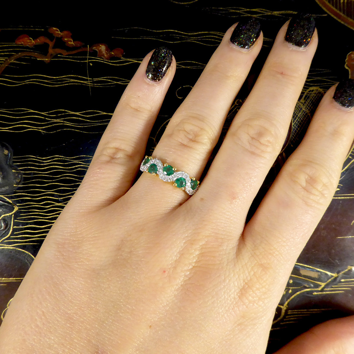 Emerald and Diamond Lazy River Band Ring in 18ct Yellow Gold - Wharfedale Antiques