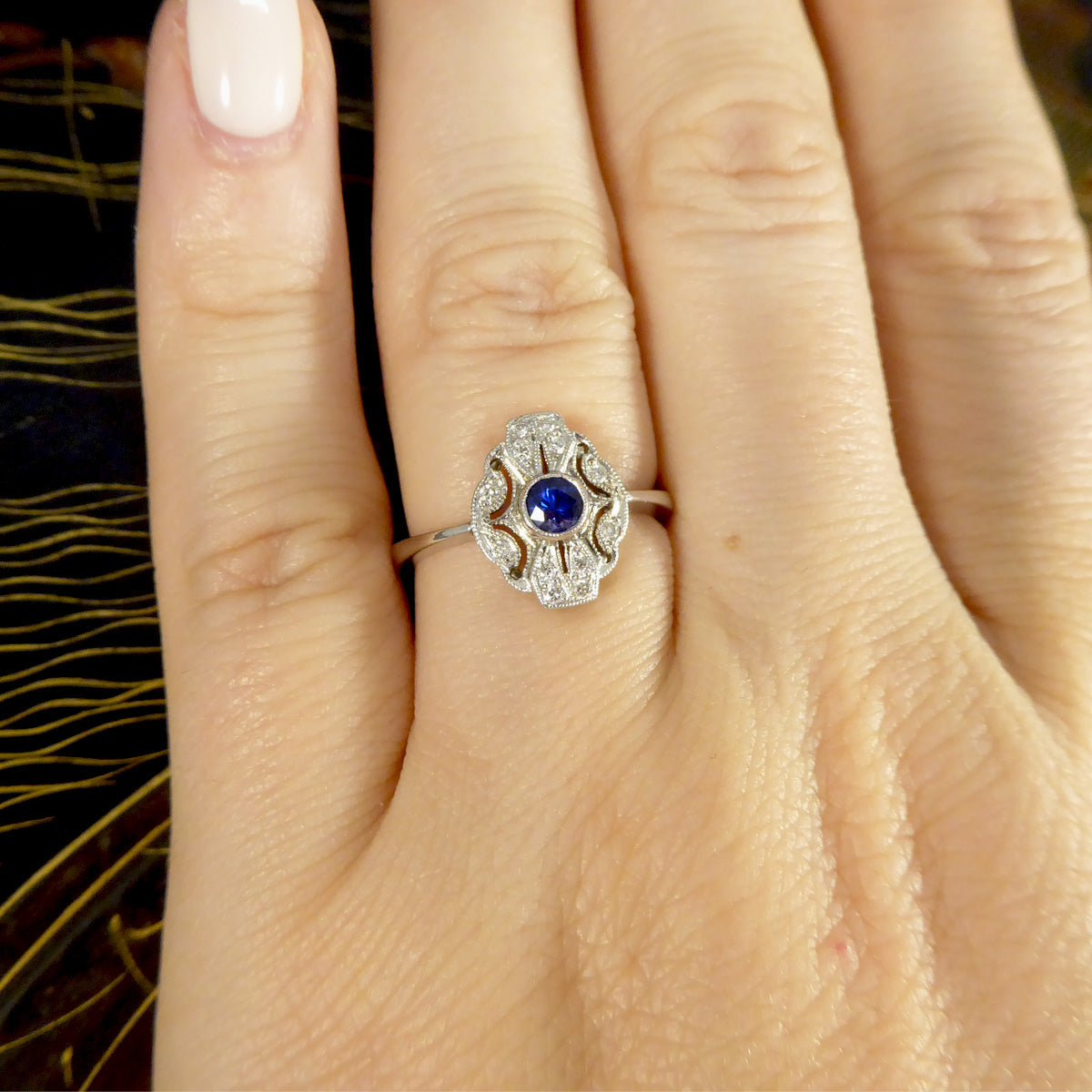Premium Period Art Deco Replica Sapphire and Diamond Plaque Ring in 18ct White Gold - Wharfedale Antiques