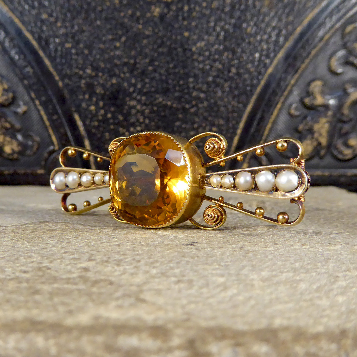 Antique C1900 Collar Set Citrene Brooch with Pearl and Dot Decorative Wings in 15ct Yellow Gold - Wharfedale Antiques