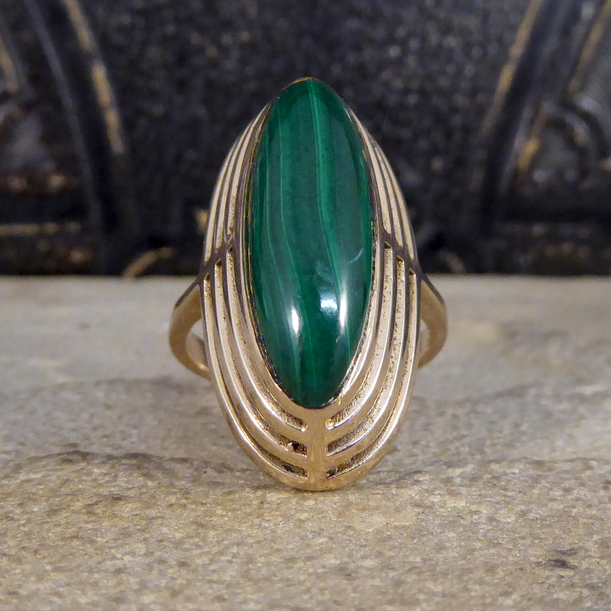 Art Deco High Set Malachite Ring in 9ct Yellow Gold - Wharfedale Antiques
