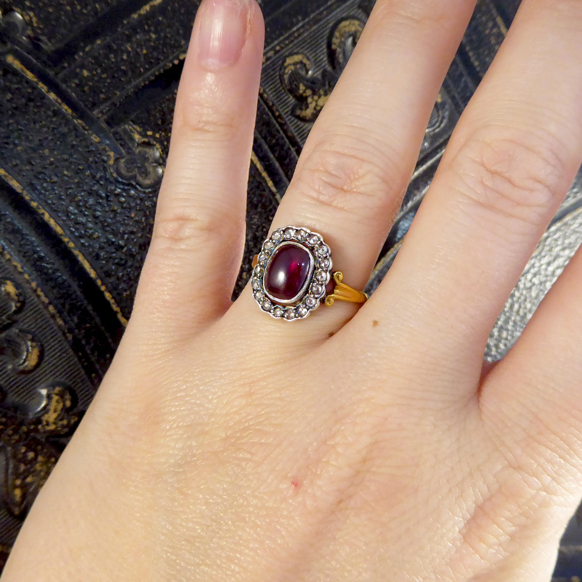 Antique Style Cabochon Garnet and Diamond Cluster Ring in 18ct Yellow Gold - Wharfedale Antiques