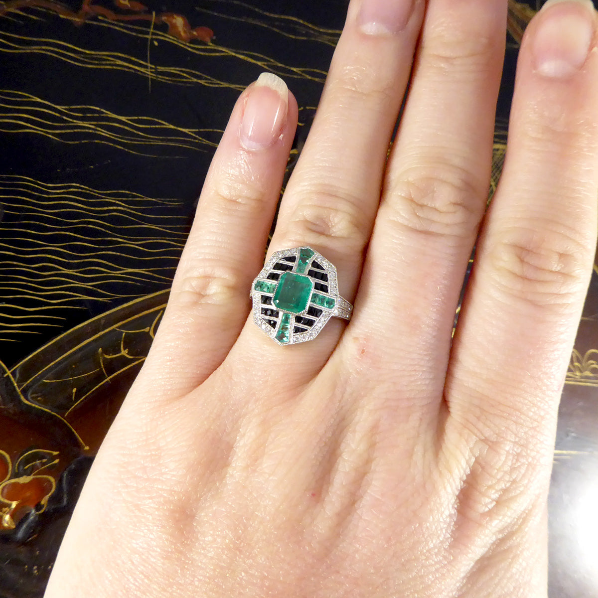 Art Deco Style Vintage Emerald Onyx and Diamond Geometric Cluster Ring in Platinum - Wharfedale Antiques