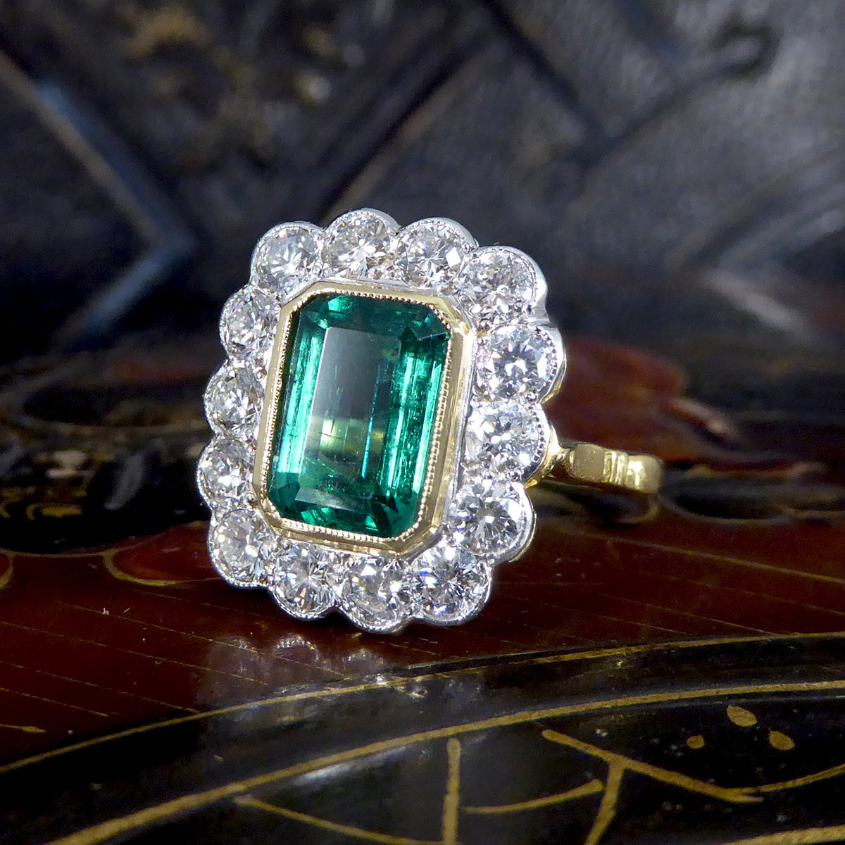 Contemporary Edwardian Style 2.50ct Emerald and 1.20ct Diamond Cluster Ring in 18ct Gold - Wharfedale Antiques
