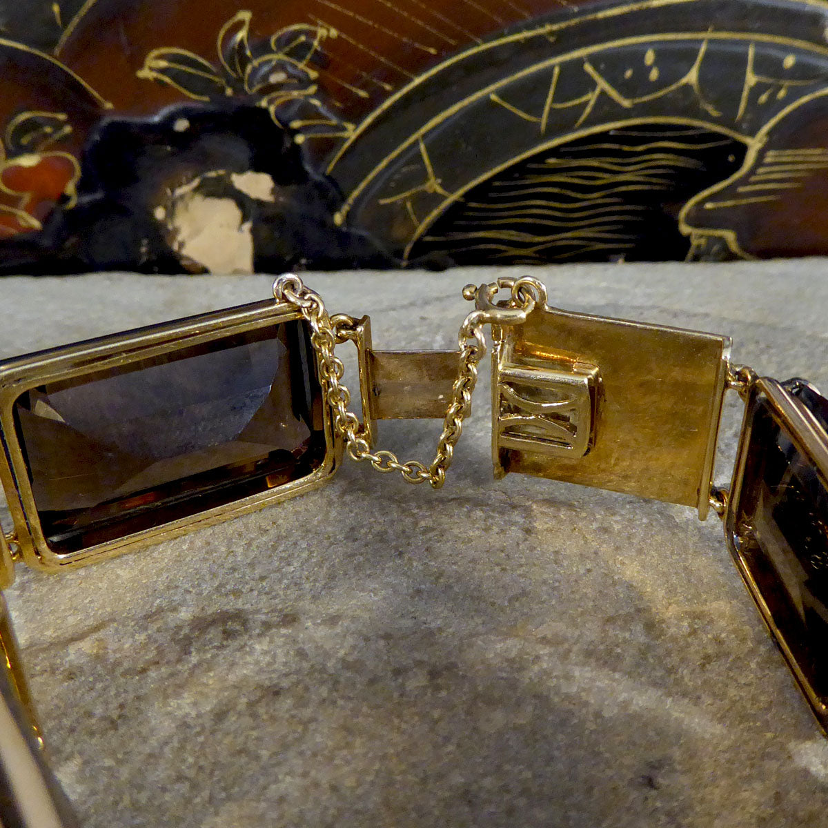 1970's Smokey Quartz Panel Bracelet in 9ct Yellow Gold with Bark Detail - Wharfedale Antiques