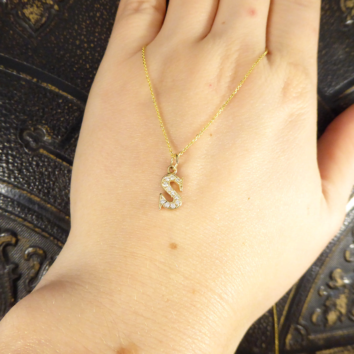 Diamond Set S Initial Pendant in 18ct Yellow Gold on a Yellow Gold Necklace Chain - Wharfedale Antiques