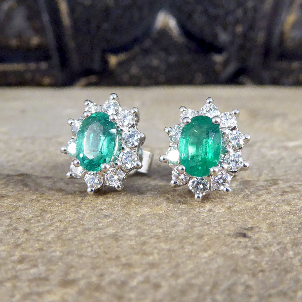 Contemporary Emerald and Diamond Cluster Earrings in 18ct White Gold