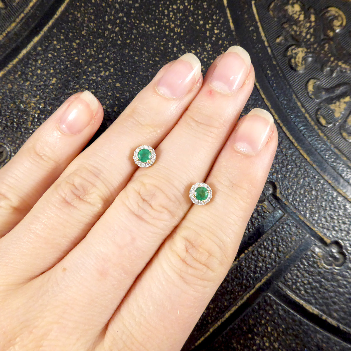 Emerald and Diamond Target Cluster Stud Earrings in 9ct White and Yellow Gold - Wharfedale Antiques
