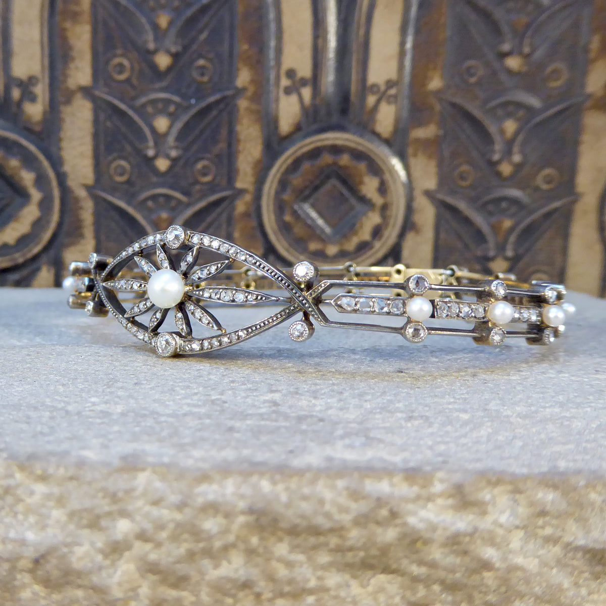 Late Victorian Diamond and Pearl Panel Bracelet in 15ct Yellow Gold and Silver - Wharfedale Antiques