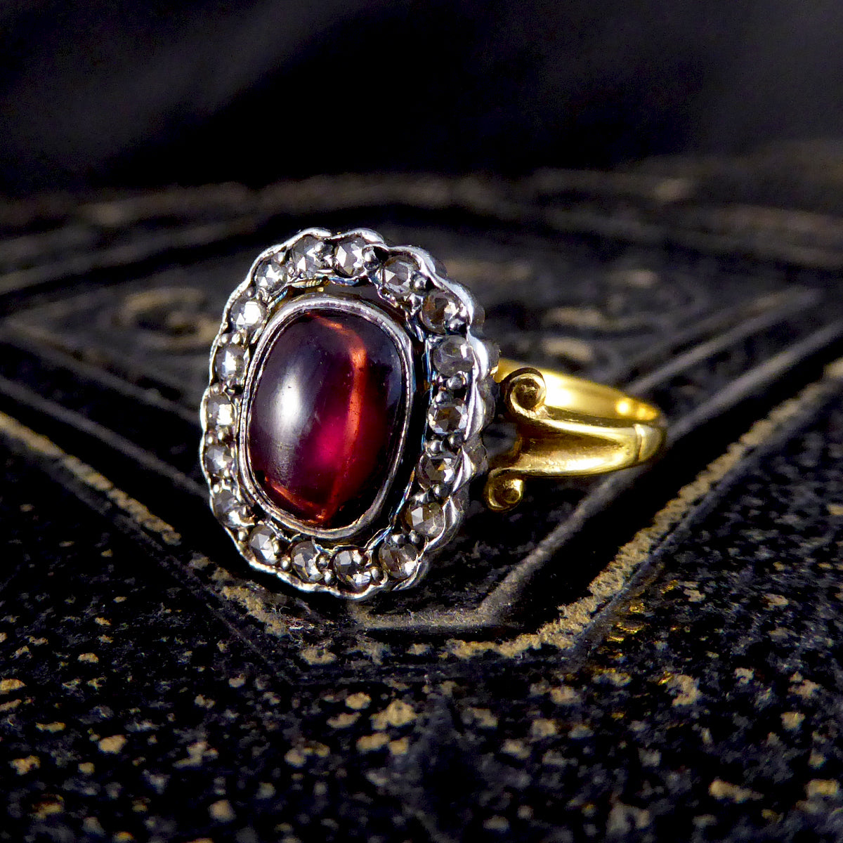 Antique Style Cabochon Garnet and Diamond Cluster Ring in 18ct Yellow Gold - Wharfedale Antiques