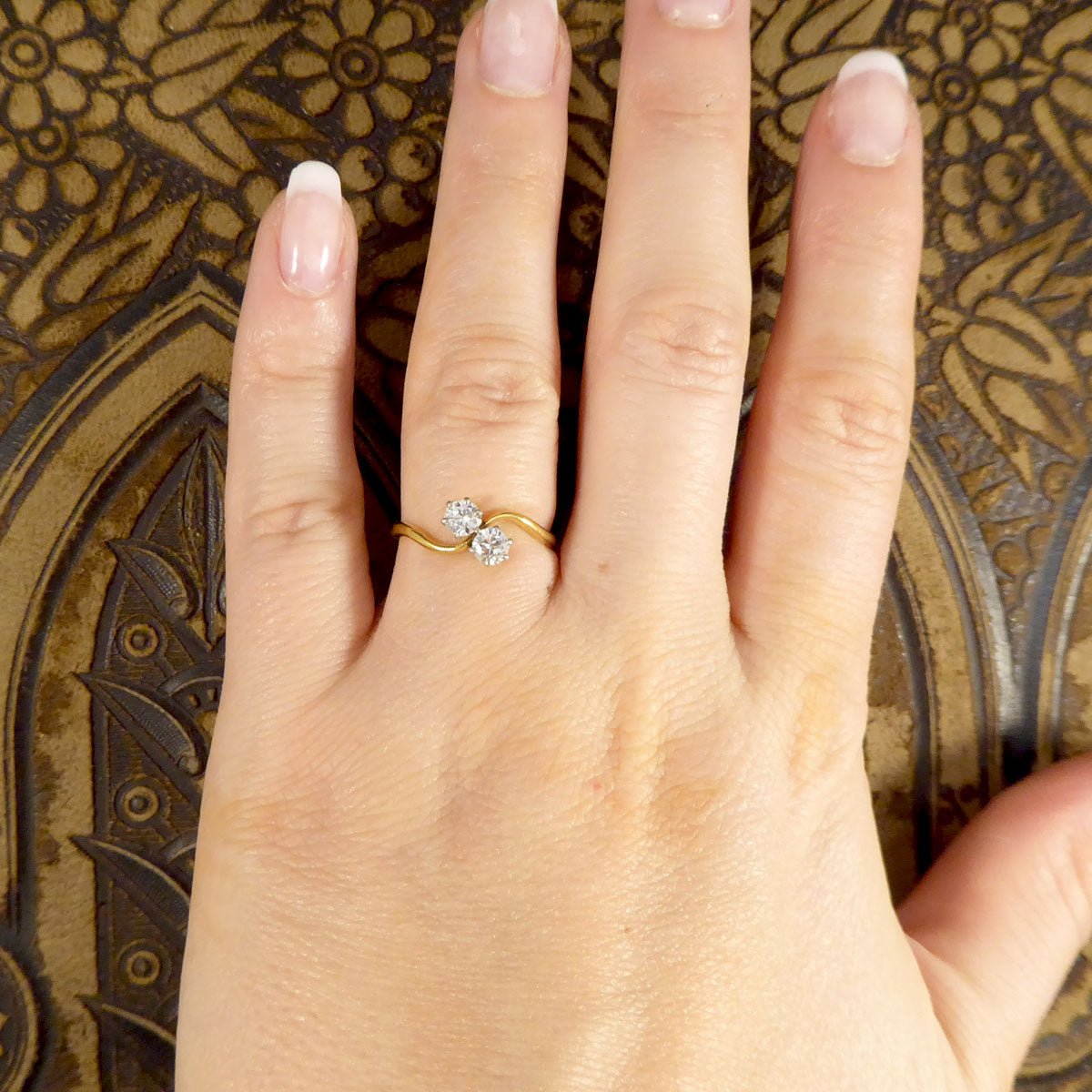 Antique Edwardian Two Stone 0.40ct Diamond Twist Ring in 18ct Yellow Gold - Wharfedale Antiques