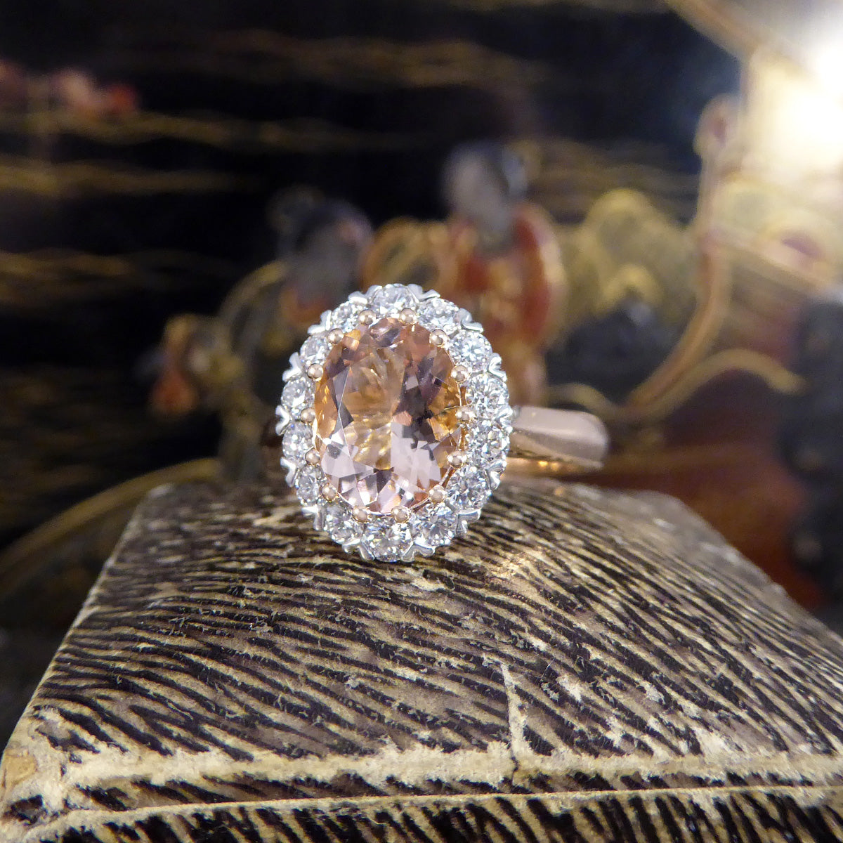 1.82ct Pink Morganite and Diamond Cluster Ring in 18ct White and Rose Gold - Wharfedale Antiques