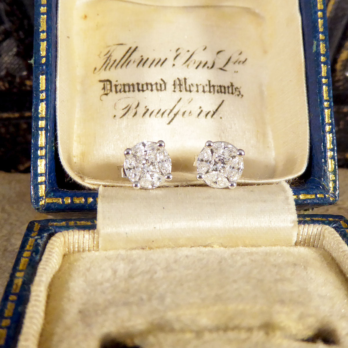 Contemporary 0.50ct Diamond Cluster and 1.50ct Look Earrings in White Gold - Wharfedale Antiques