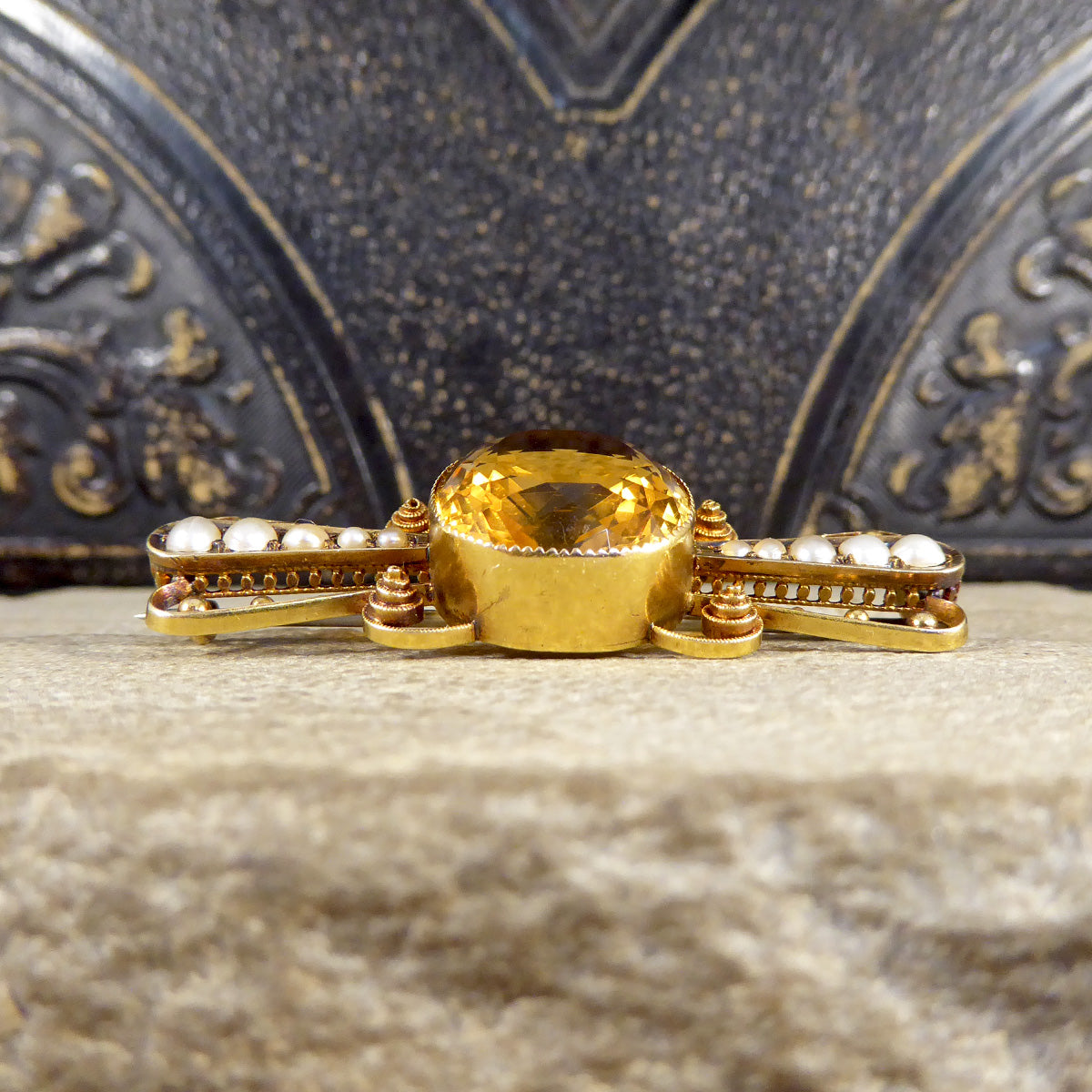 Antique C1900 Collar Set Citrene Brooch with Pearl and Dot Decorative Wings in 15ct Yellow Gold - Wharfedale Antiques