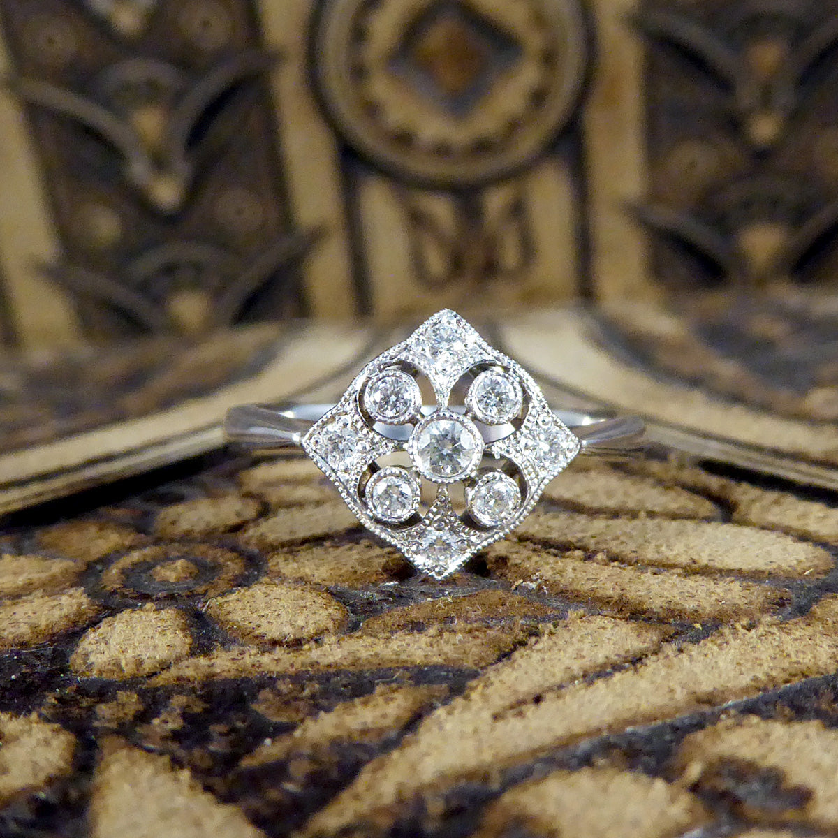 1920's Period Replica Geometric Pattern Diamond Ring in 18ct White Gold - Wharfedale Antiques